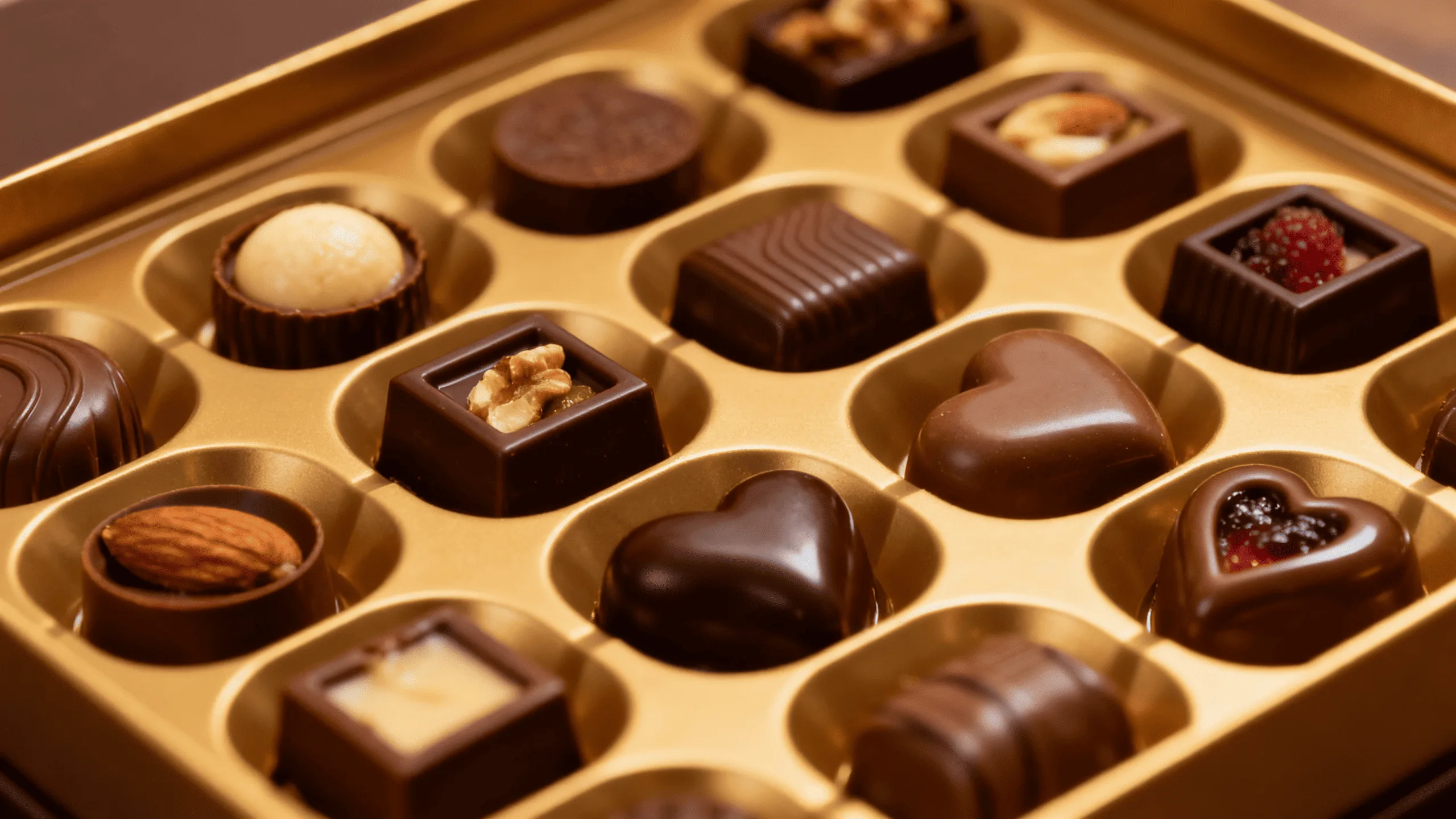A chocolate box with a perfectly designed internal tray, showing each chocolate held securely in its own cavity.
