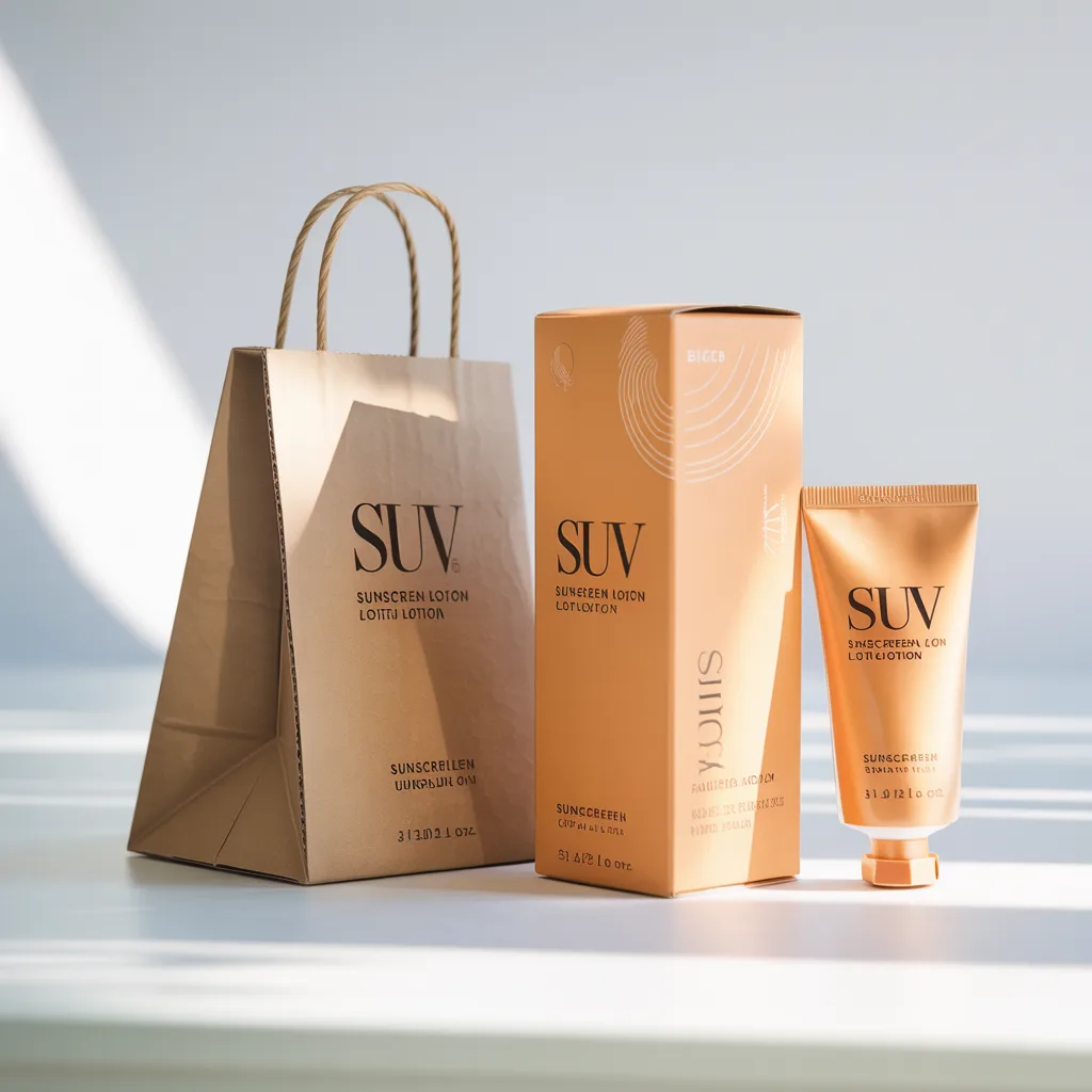 Weather-resistant sunscreen lotion packaging box with UV protection graphics and summer skincare branding