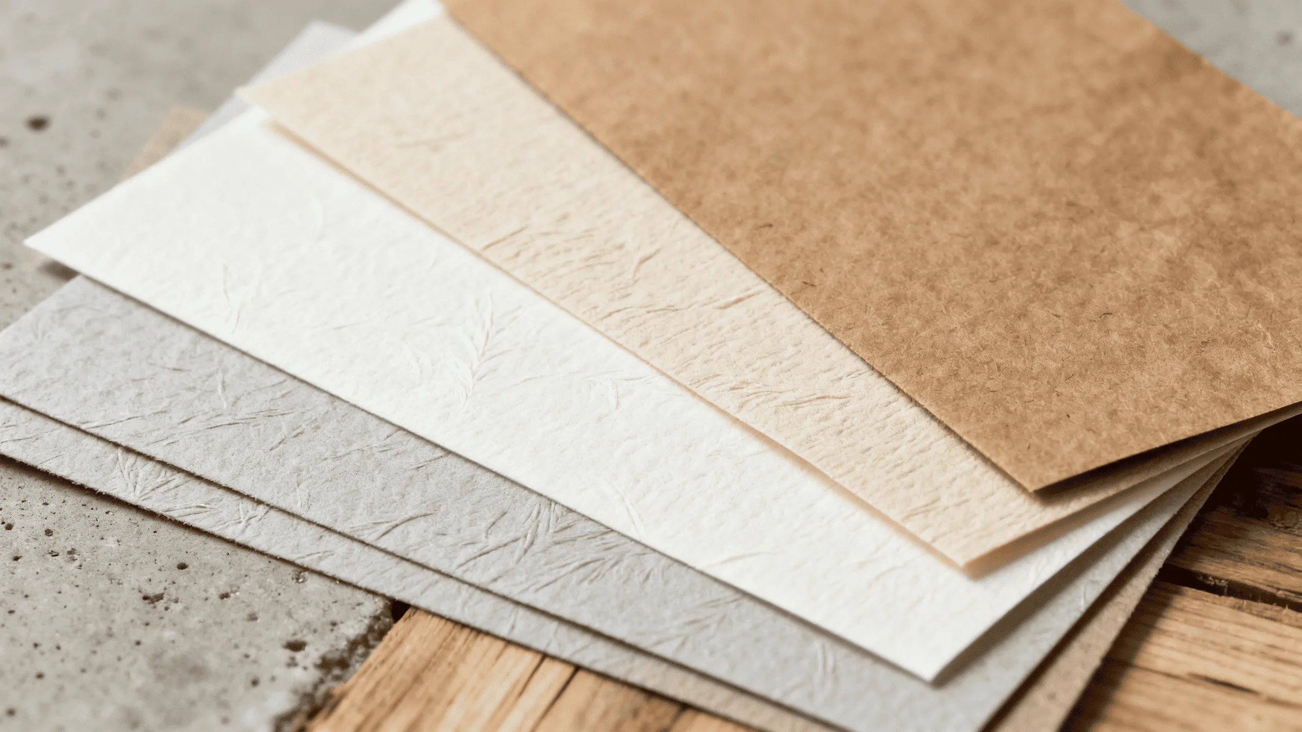 A close-up of various textured, eco-friendly paper samples in earthy tones, showing their quality.