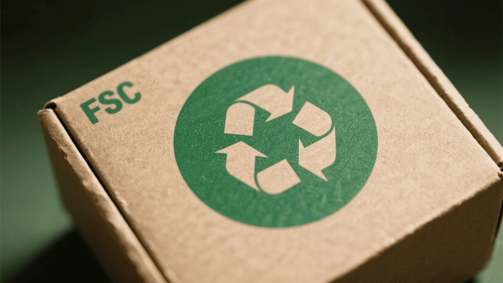 A close-up shot of a paper box with the FSC logo and a recycling symbol clearly visible.