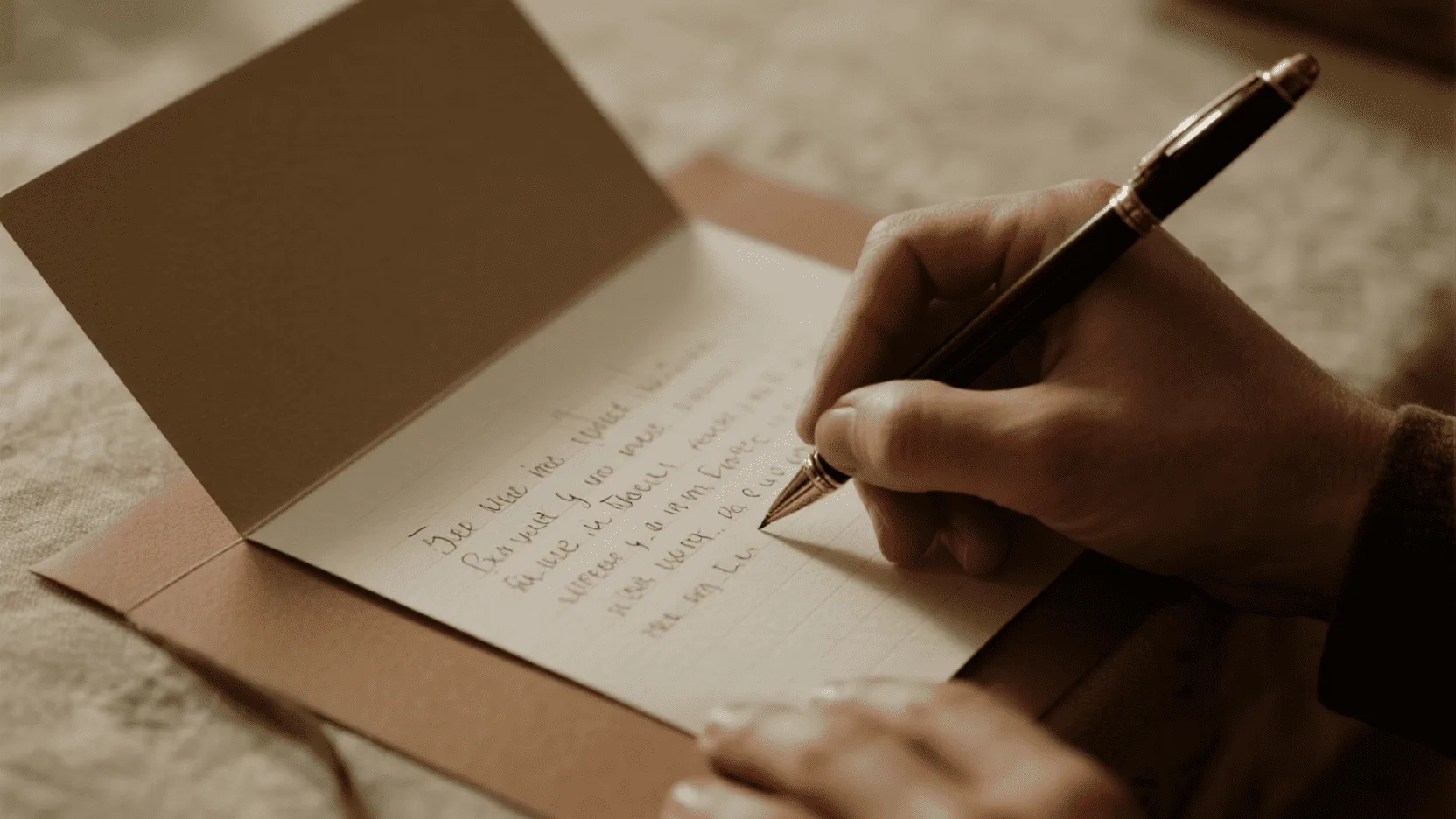 A close-up shot of a person's hands handwriting a note on a thick, textured paper card with an elegant pen.