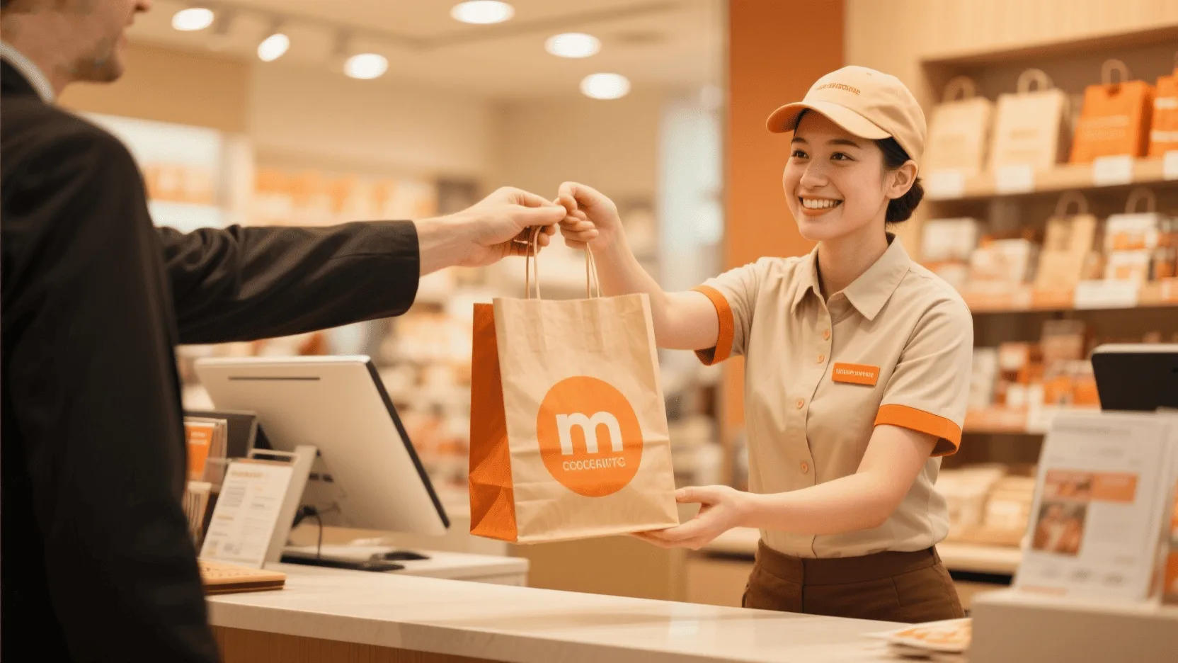 A retail employee smiling as they hand a customer a crisp, branded paper bag over the counter.