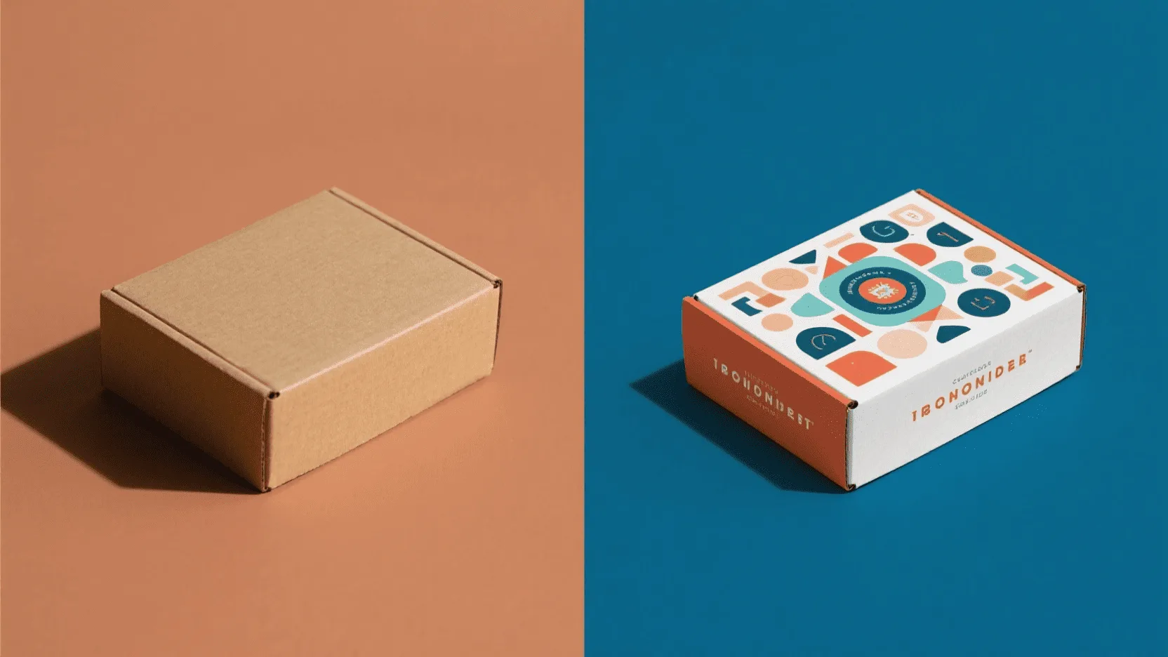 A side-by-side comparison of a plain brown cardboard box and a beautifully designed custom printed box for the same product.