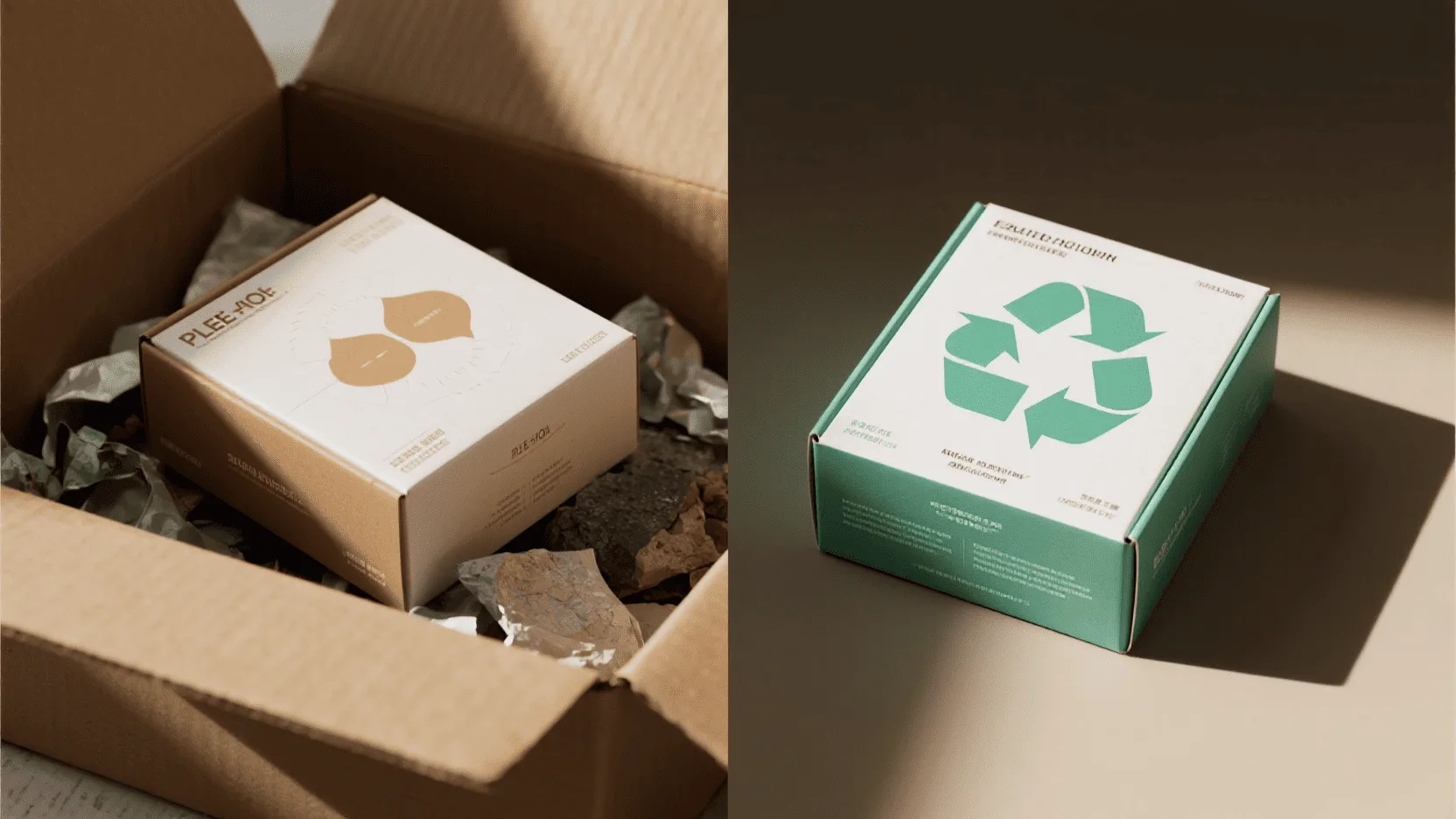 A split image showing a PE-coated box in a landfill on one side, and an aqueous-coated box in a paper recycling bin on the other.