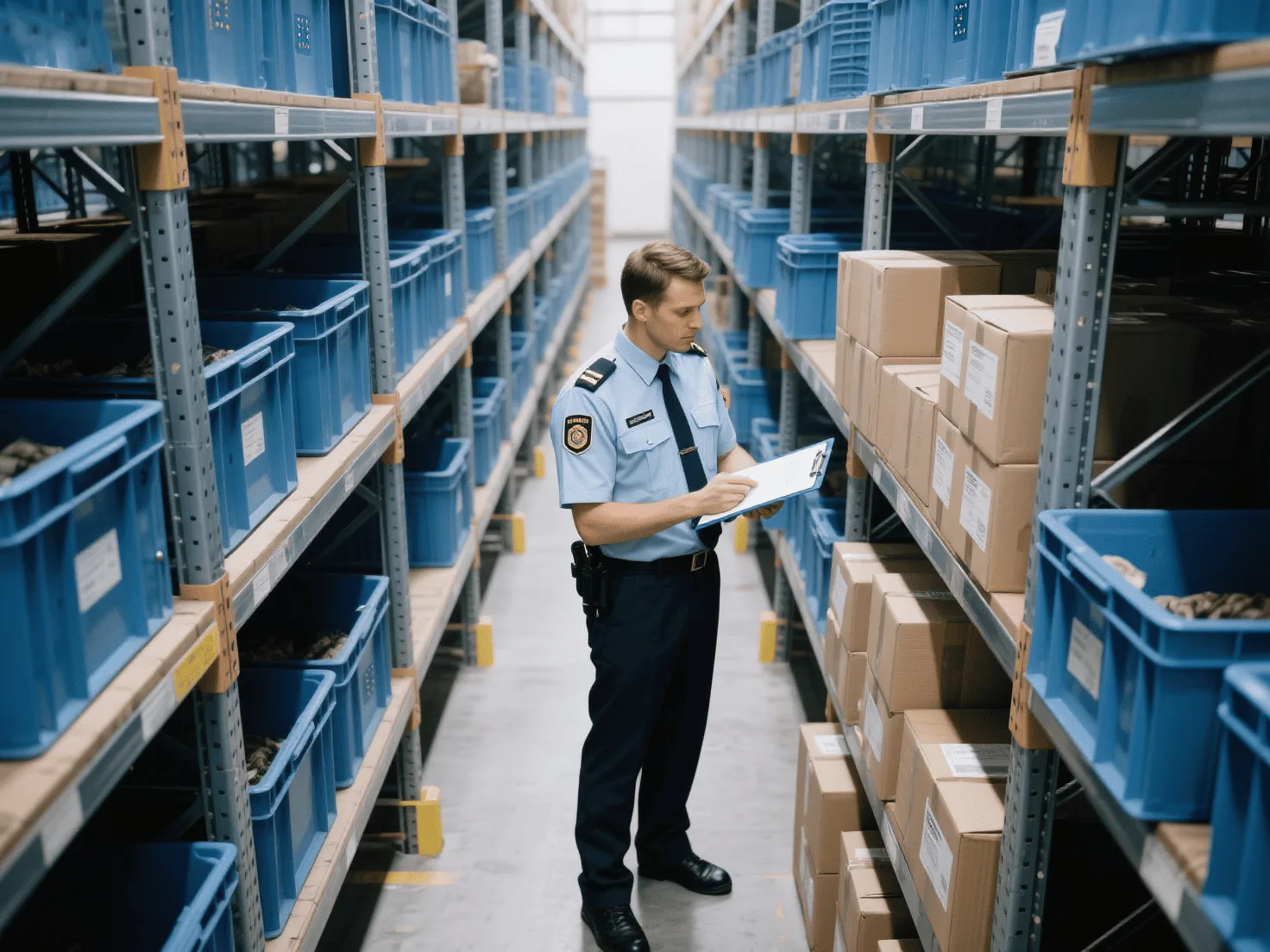 A customs officer inspecting a shipment of boxes with a clipboard in an EU warehouse.