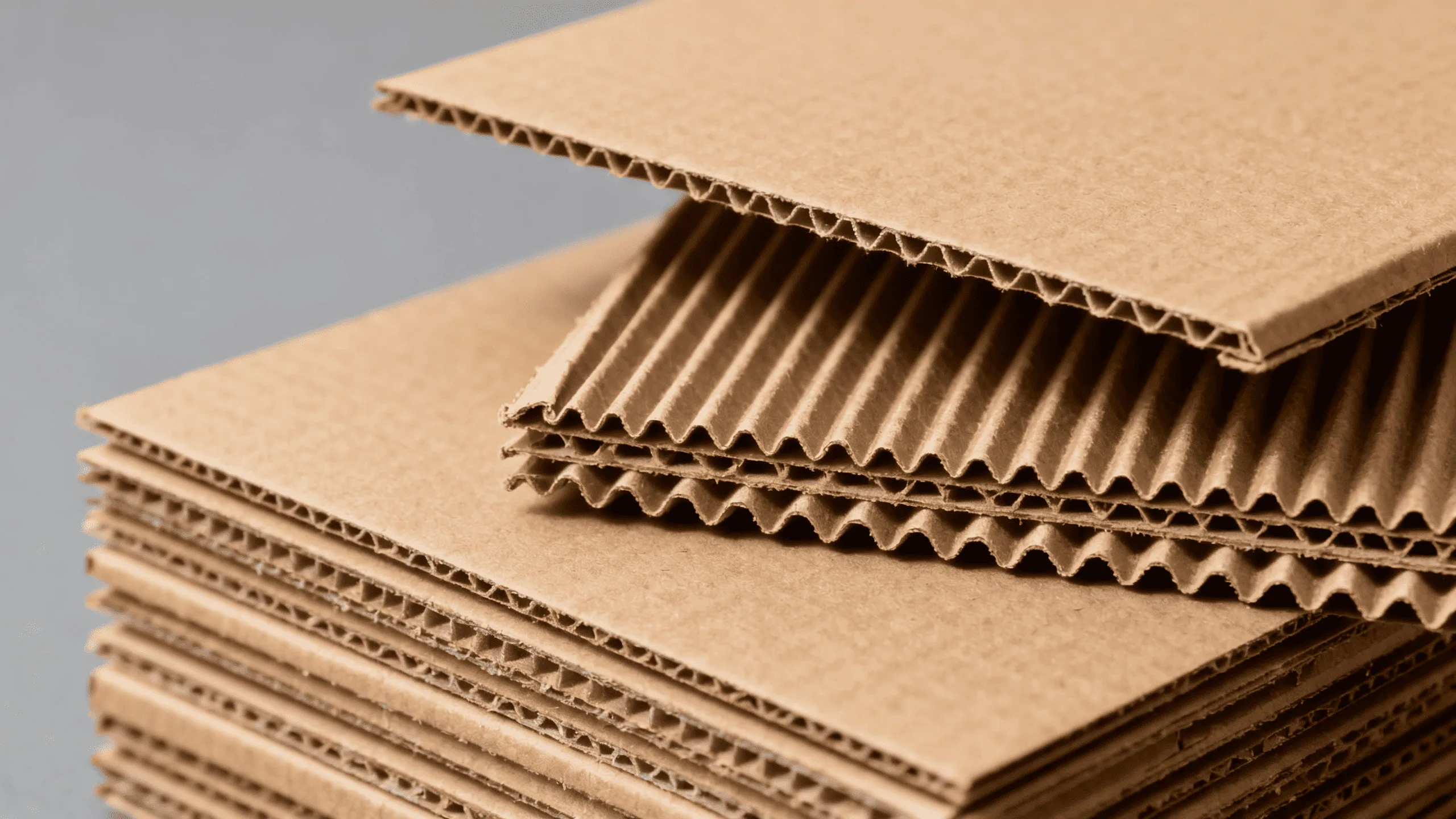 A stack of flat-packed corrugated cardboard sheets, showing the internal fluting that provides strength.