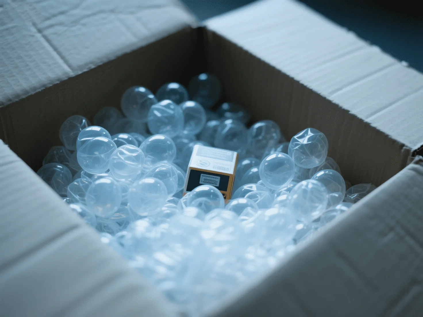 A small product rattling inside a large shipping box, surrounded by excessive plastic void fill.