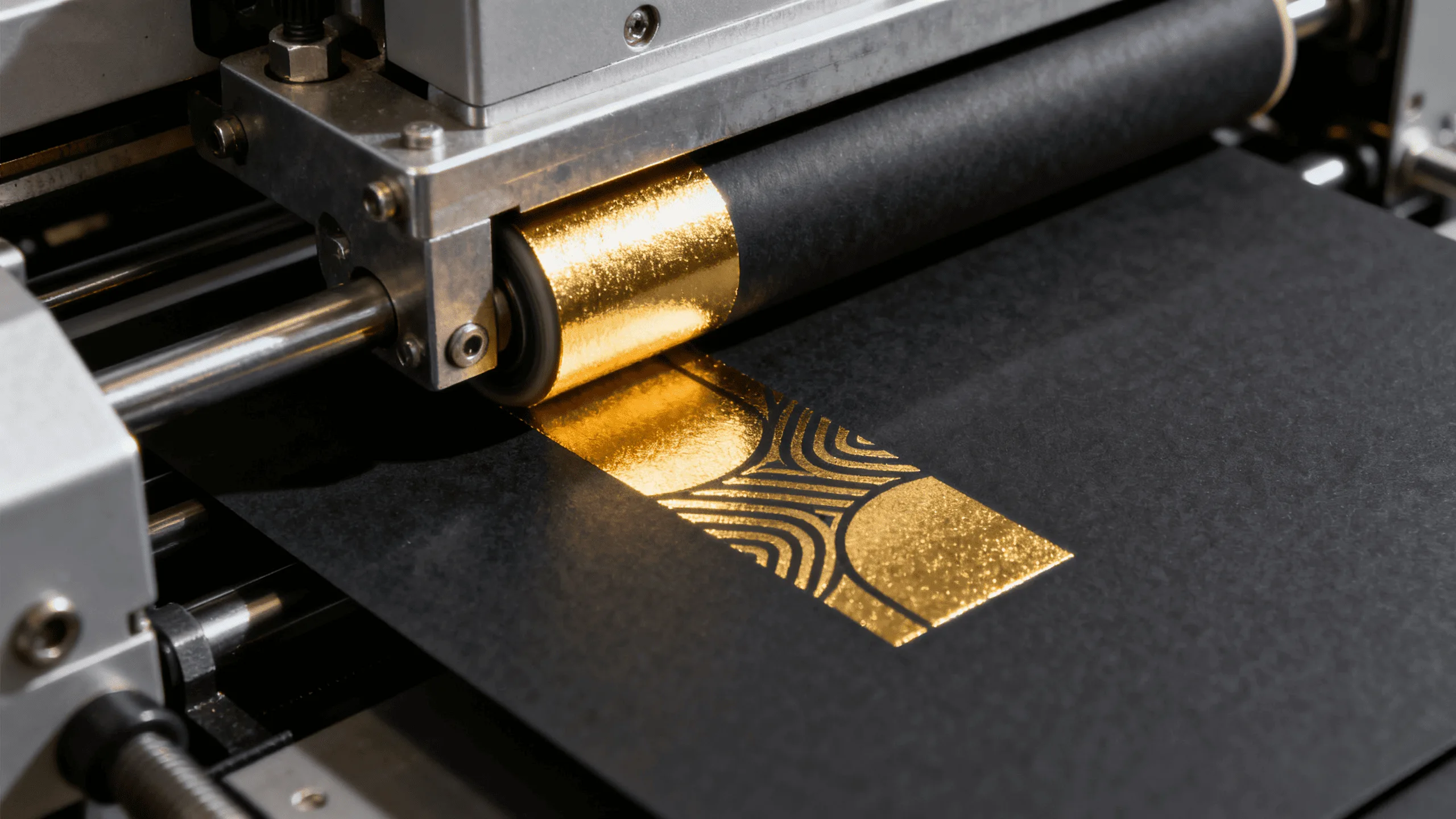 A detailed shot of a hot foil stamping machine applying gold foil to black paper.