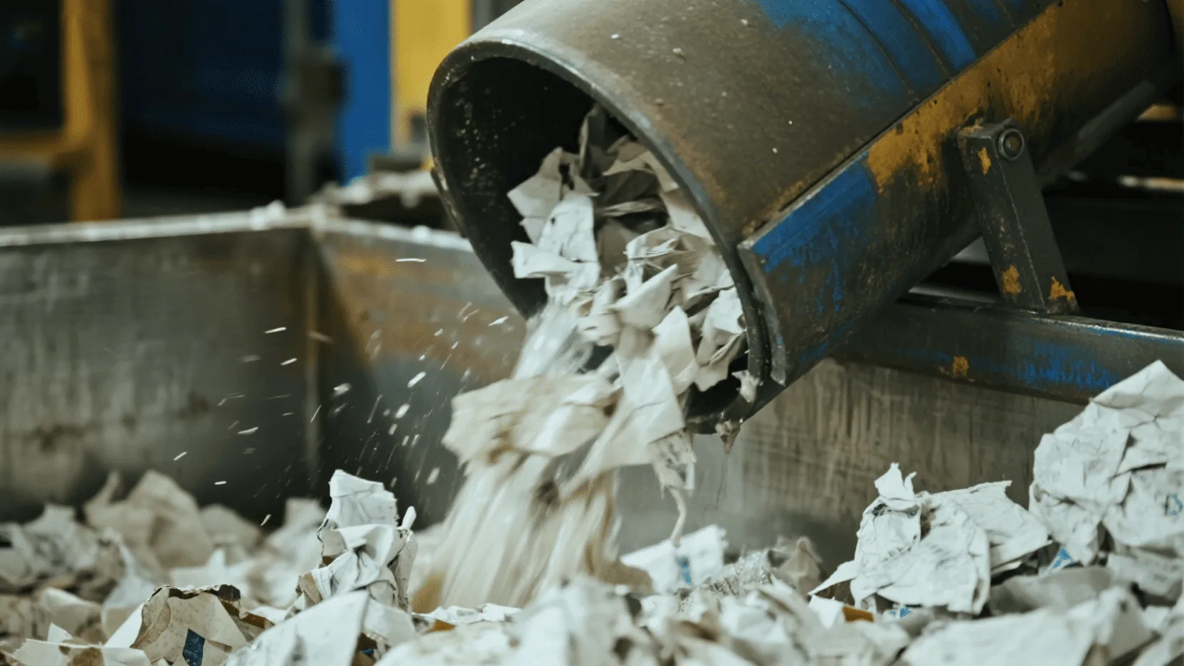 A close-up of shredded paper being processed into pulp for recycling.
