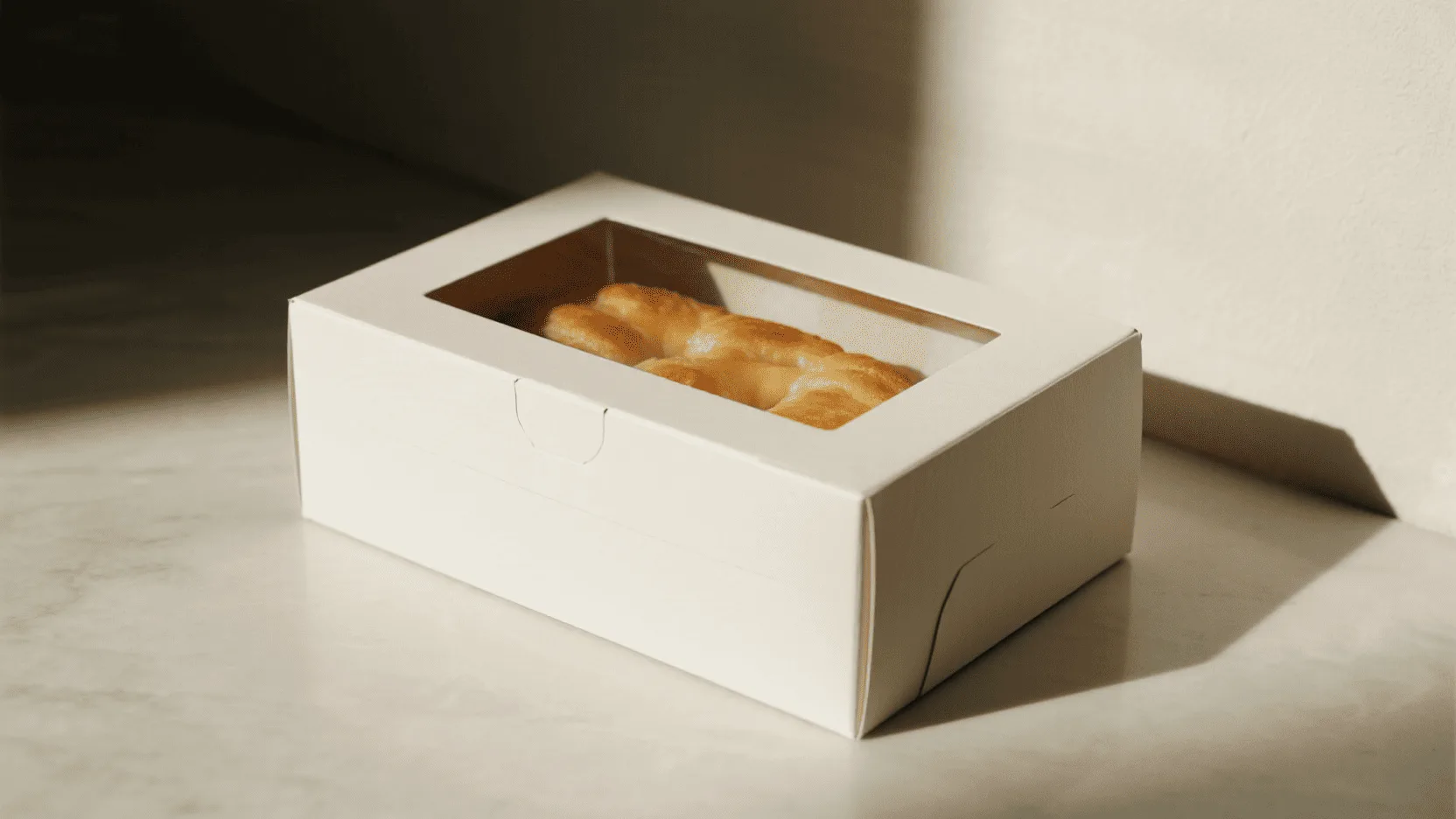 A close-up of a clean, sturdy paper baking box holding a delicate pastry, showing no signs of grease or moisture damage.