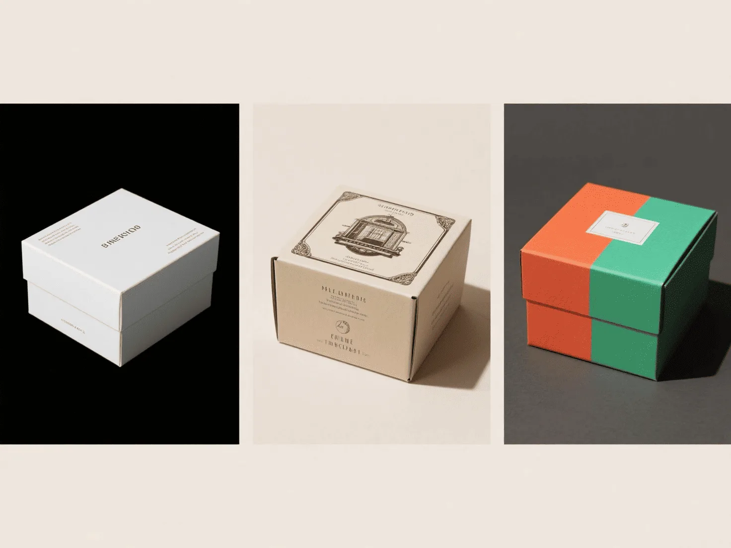 A collage of three different box designs: one minimalist, one neo-vintage, and one color-blocked.