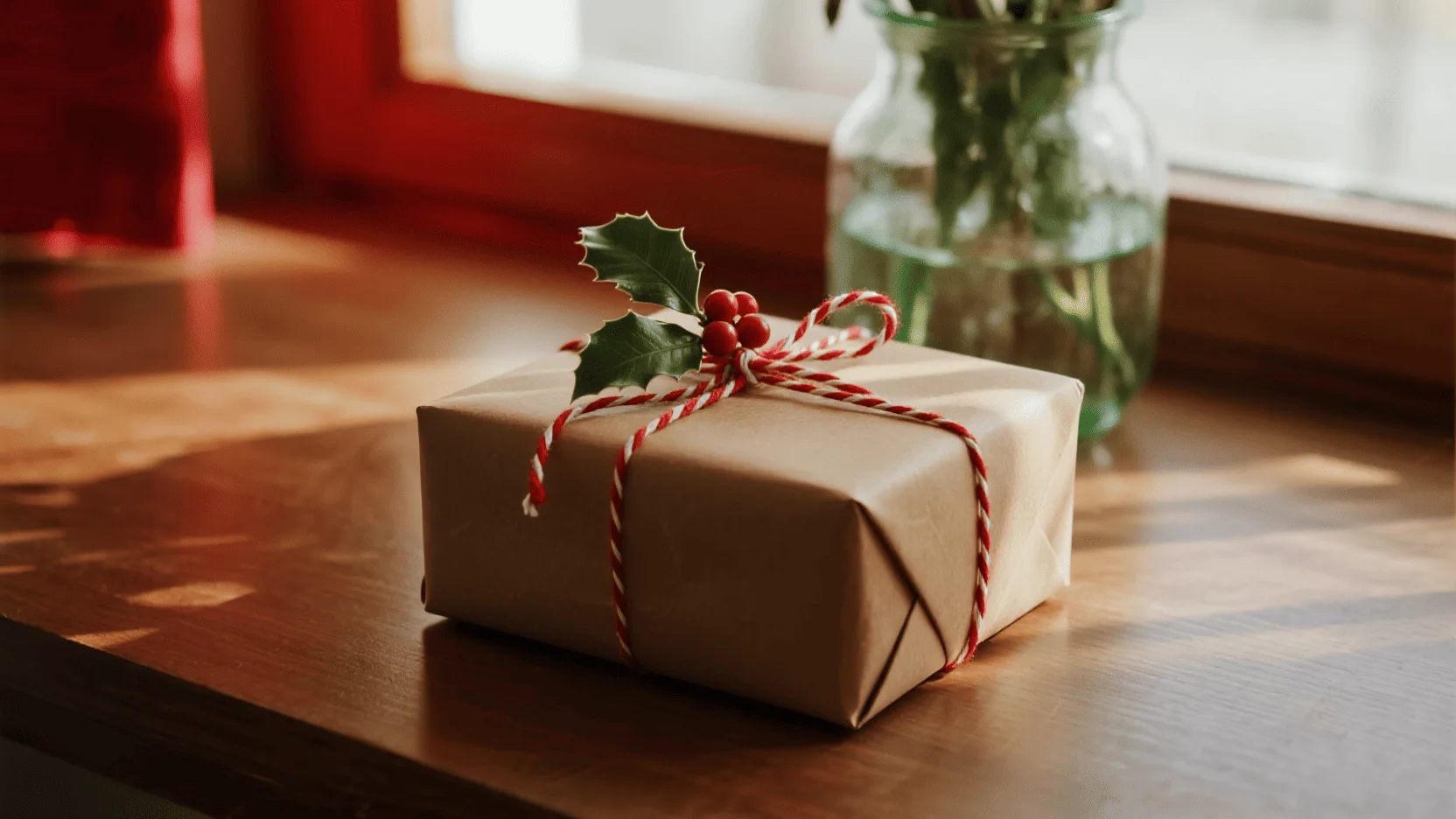 A beautifully wrapped Christmas gift in brown kraft paper, tied with red and white twine and a sprig of holly.