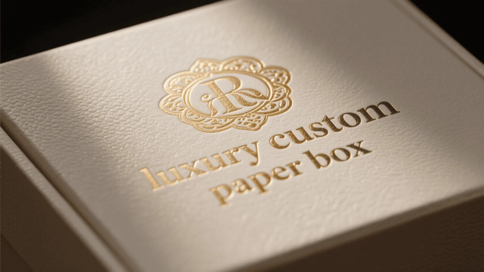 Close-up on the textured, embossed logo on a luxury custom paper box.