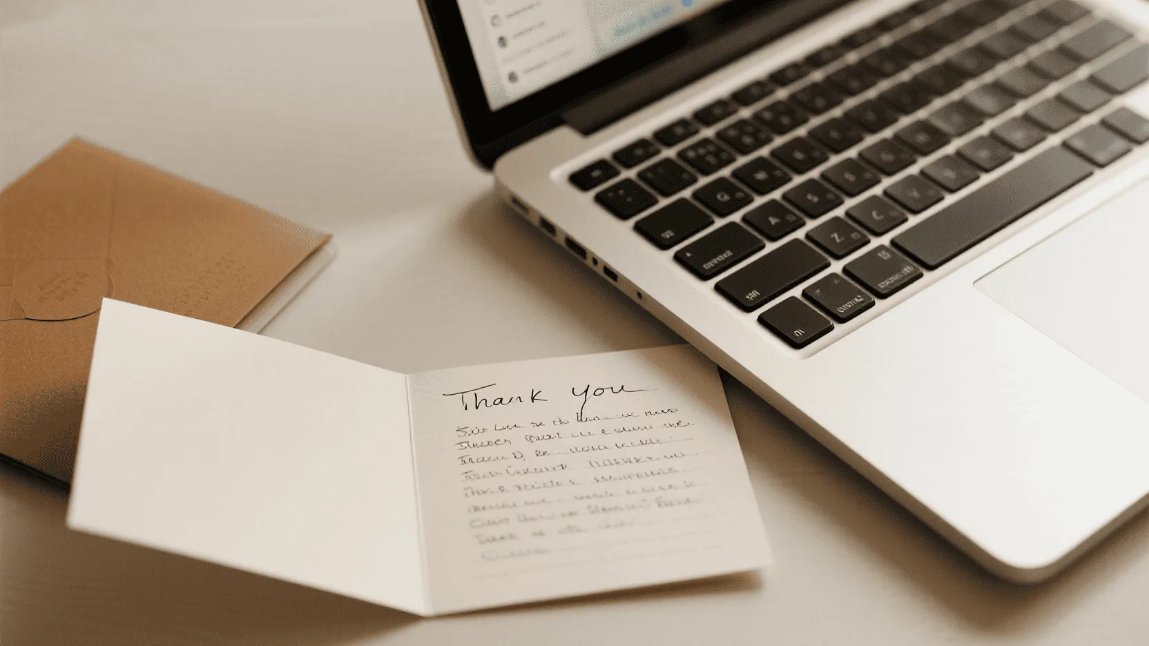 A beautifully designed custom thank you card with a handwritten note lying next to an open laptop displaying an e-card.