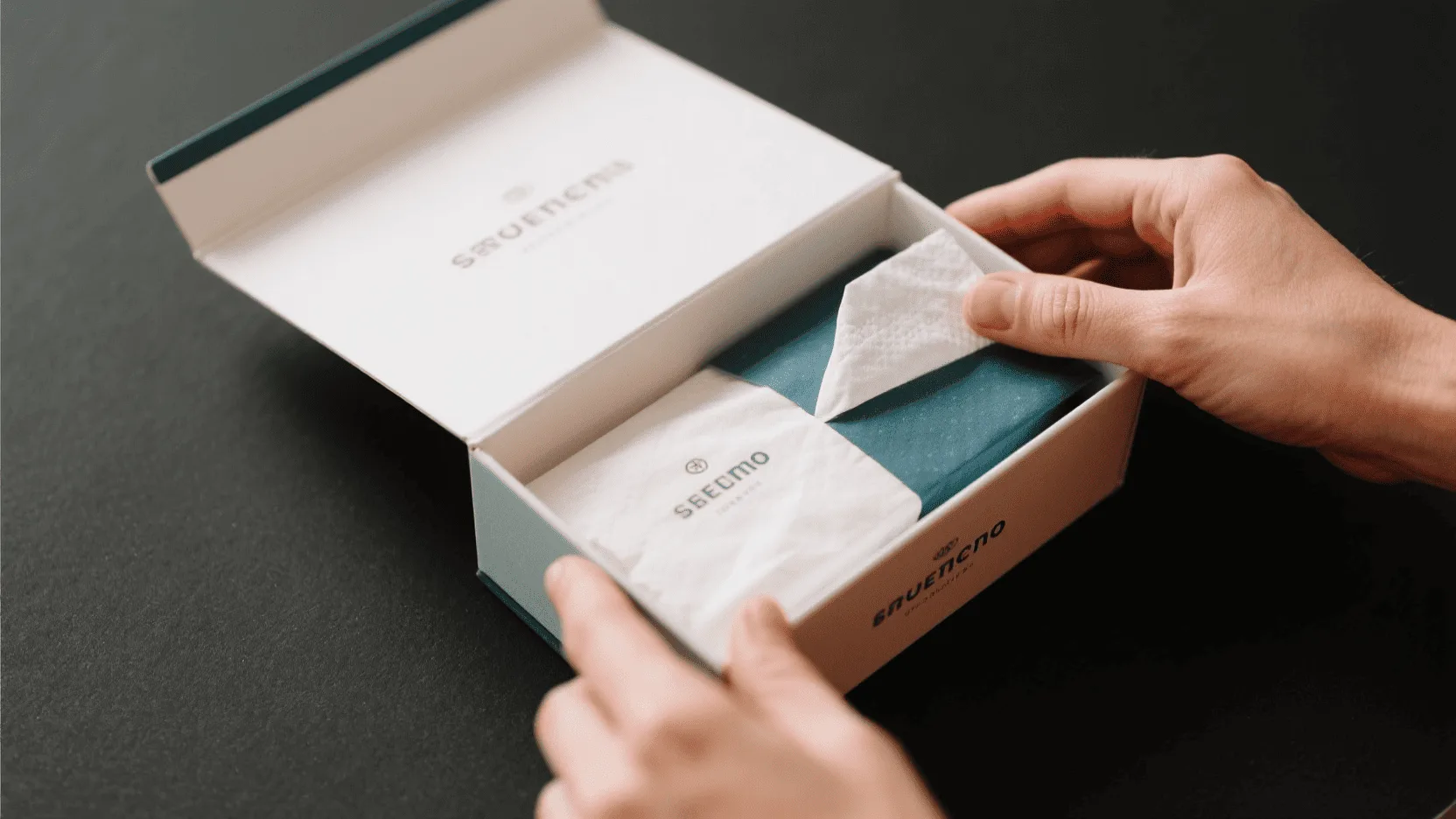A close-up of a person's hands opening a custom box with branded tissue paper inside, showing a thoughtful and organized presentation.