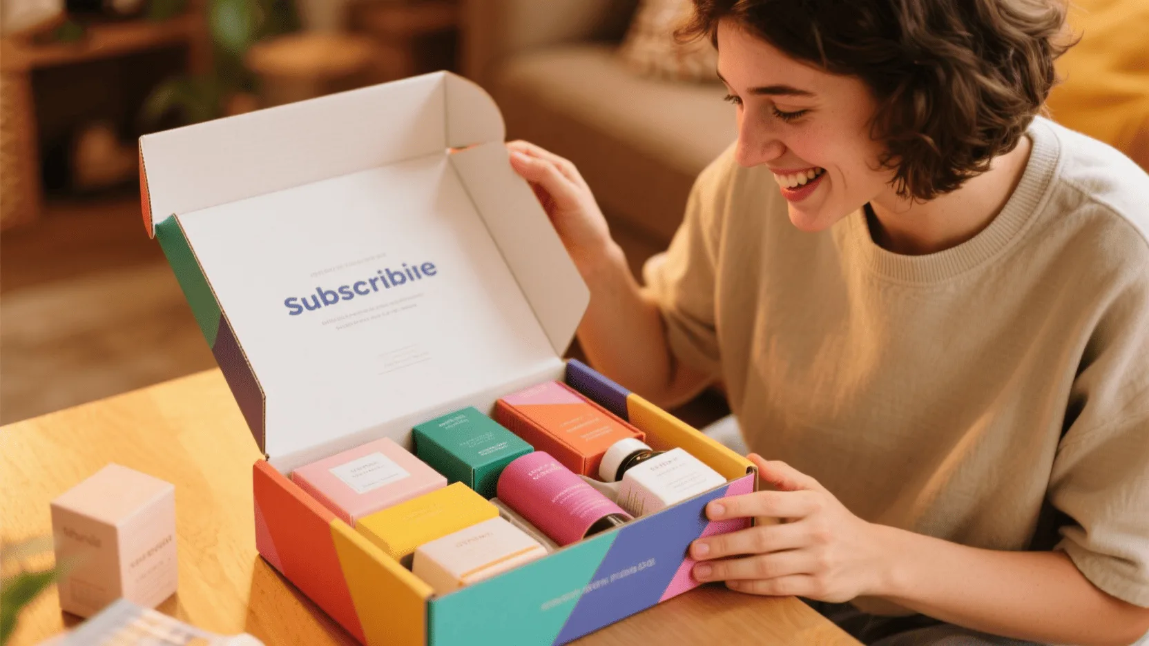 A person smiling as they open a well-designed subscription box, revealing the products neatly arranged inside.