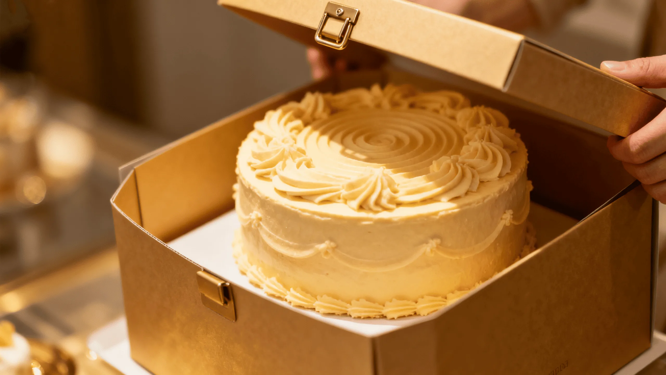 A perfectly intact and beautiful cake being carefully lifted out of a sturdy, well-designed cake box.