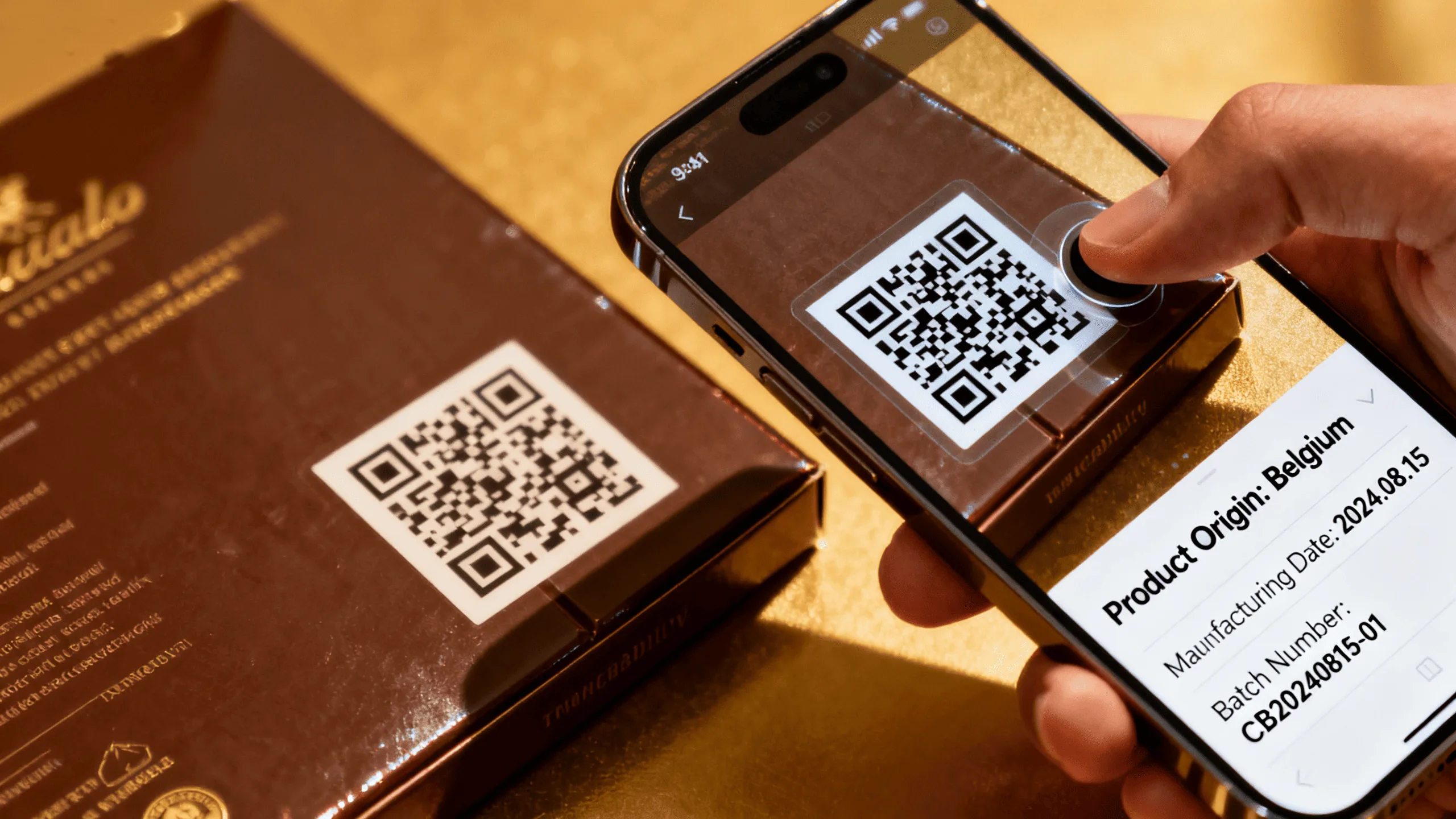 A smartphone scanning a QR code on the back of a chocolate box, leading to a traceability webpage.