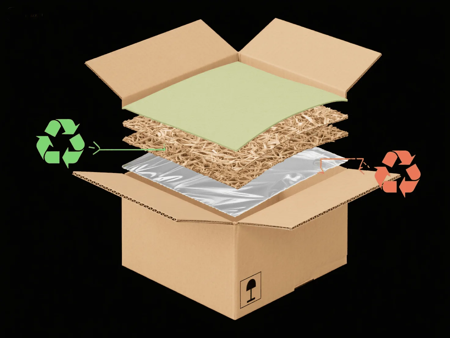 A diagram showing the layers of a cardboard box, highlighting recyclable paper fiber versus a non-recyclable plastic laminate layer.