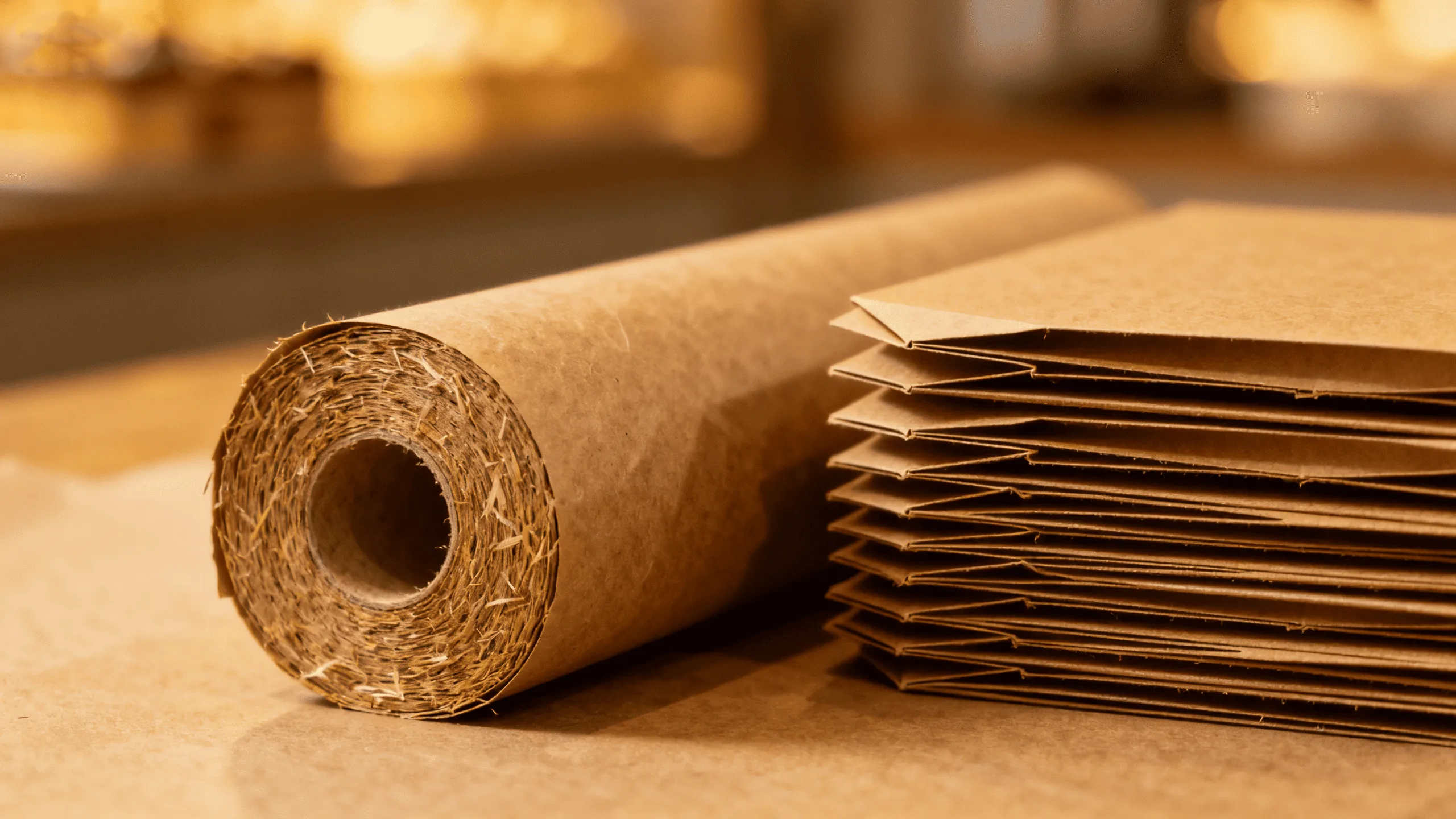 A roll of brown kraft paper next to a stack of finished, flat-packed dessert boxes.