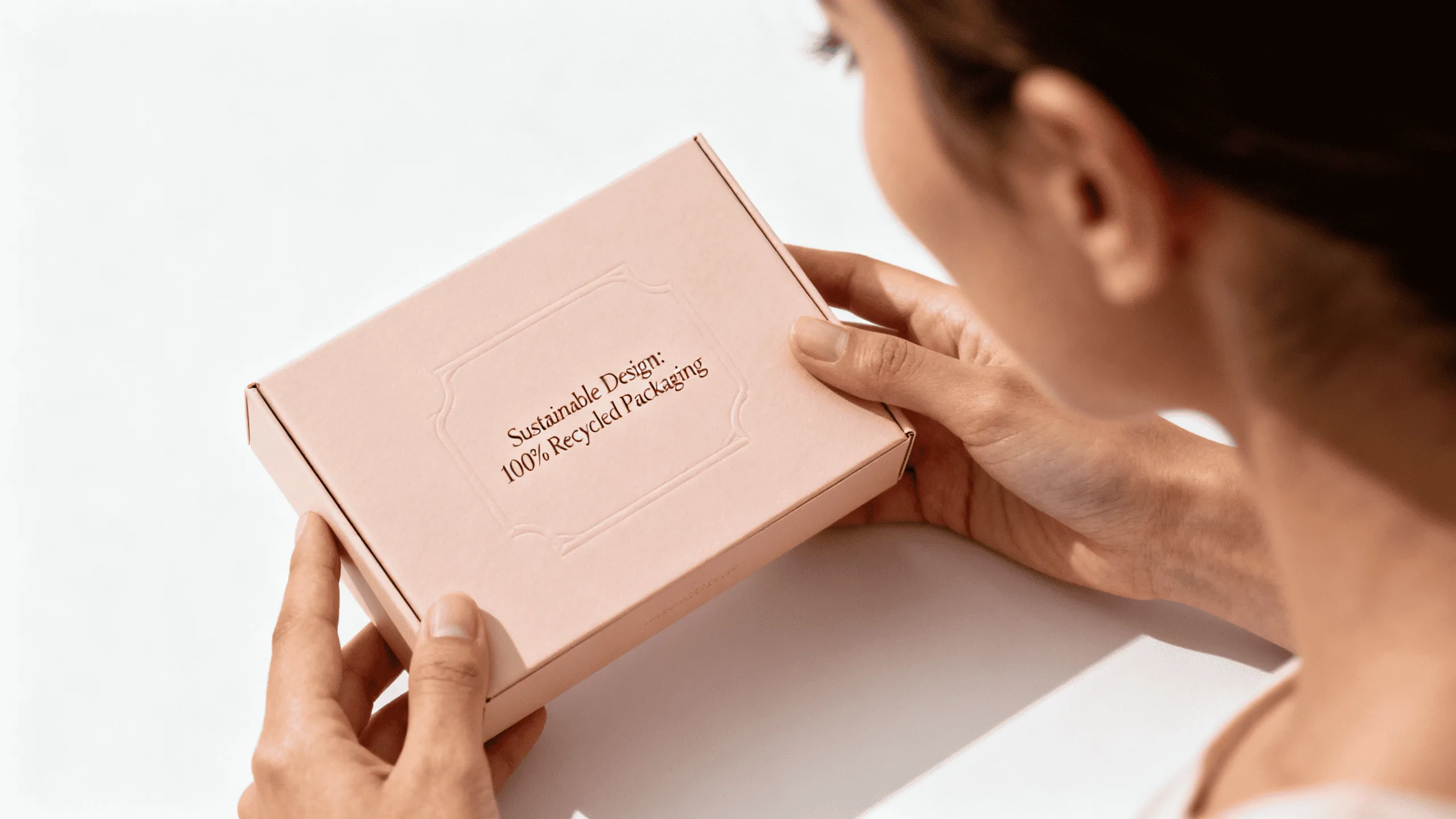 A customer reading the back of a cosmetic box that has a small, elegantly printed message about its sustainable design.