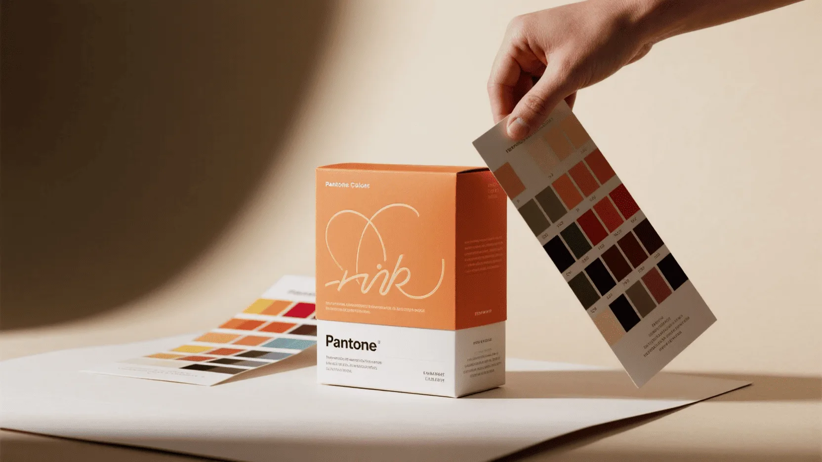 A designer comparing a printed box to a Pantone color swatch book to ensure perfect color accuracy.