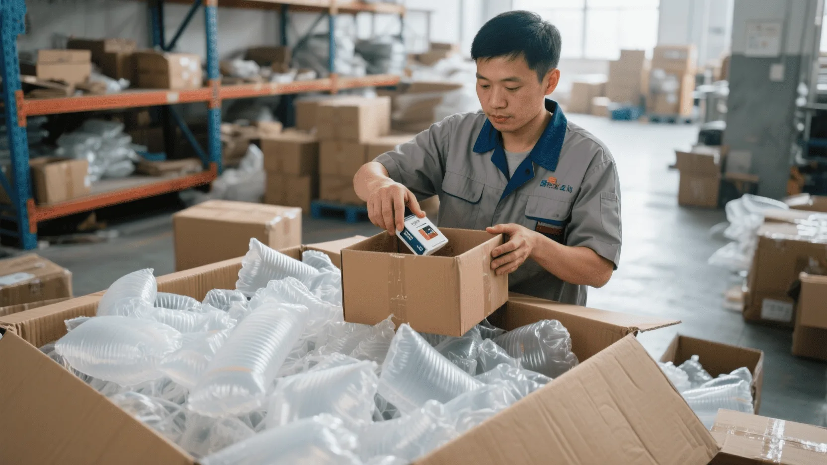 A warehouse worker placing a small product into a very large generic box, surrounded by piles of plastic air pillows for void fill.