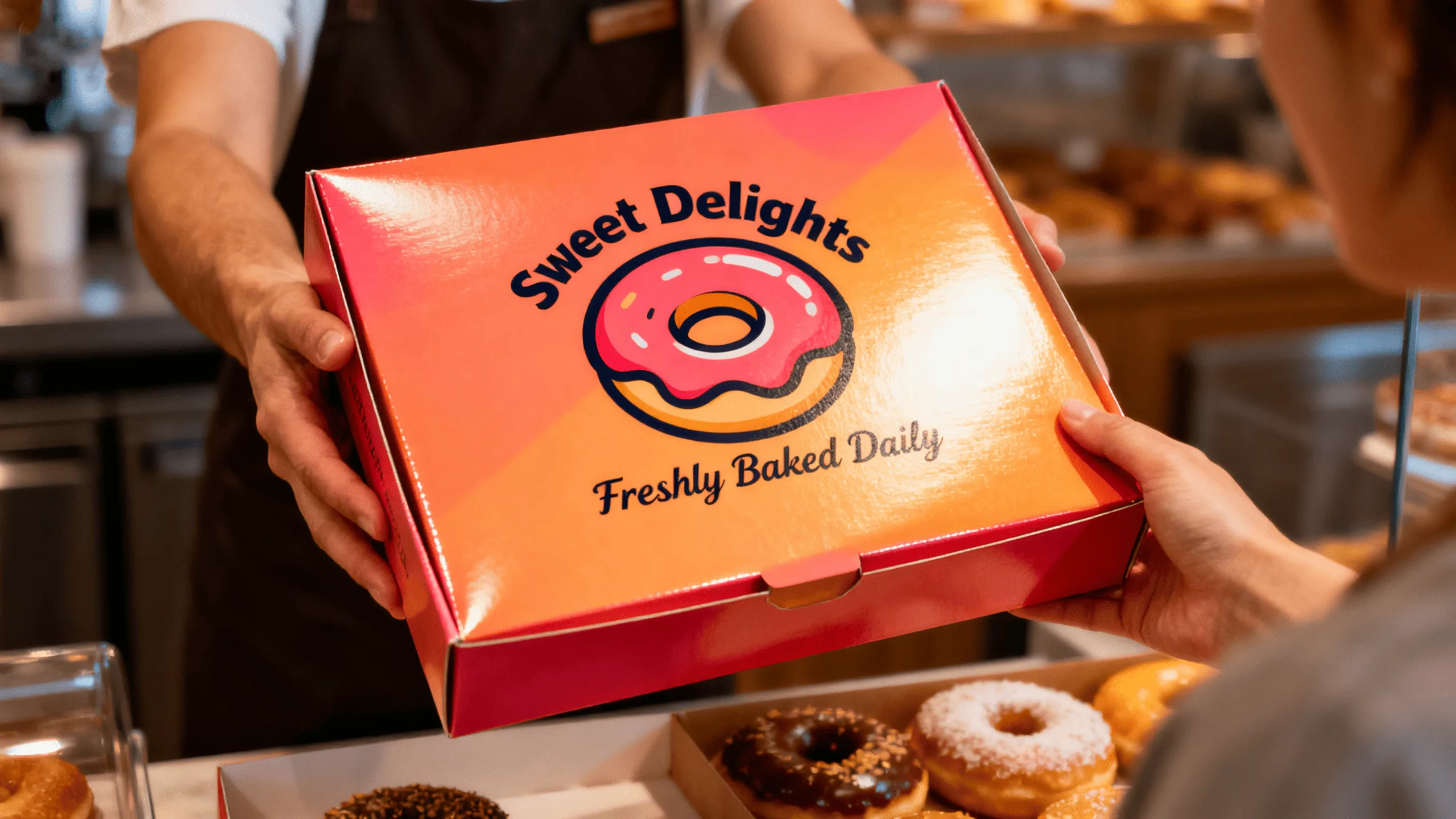 A vibrant, custom-printed donut box featuring a bakery's logo and branding being handed to a customer.