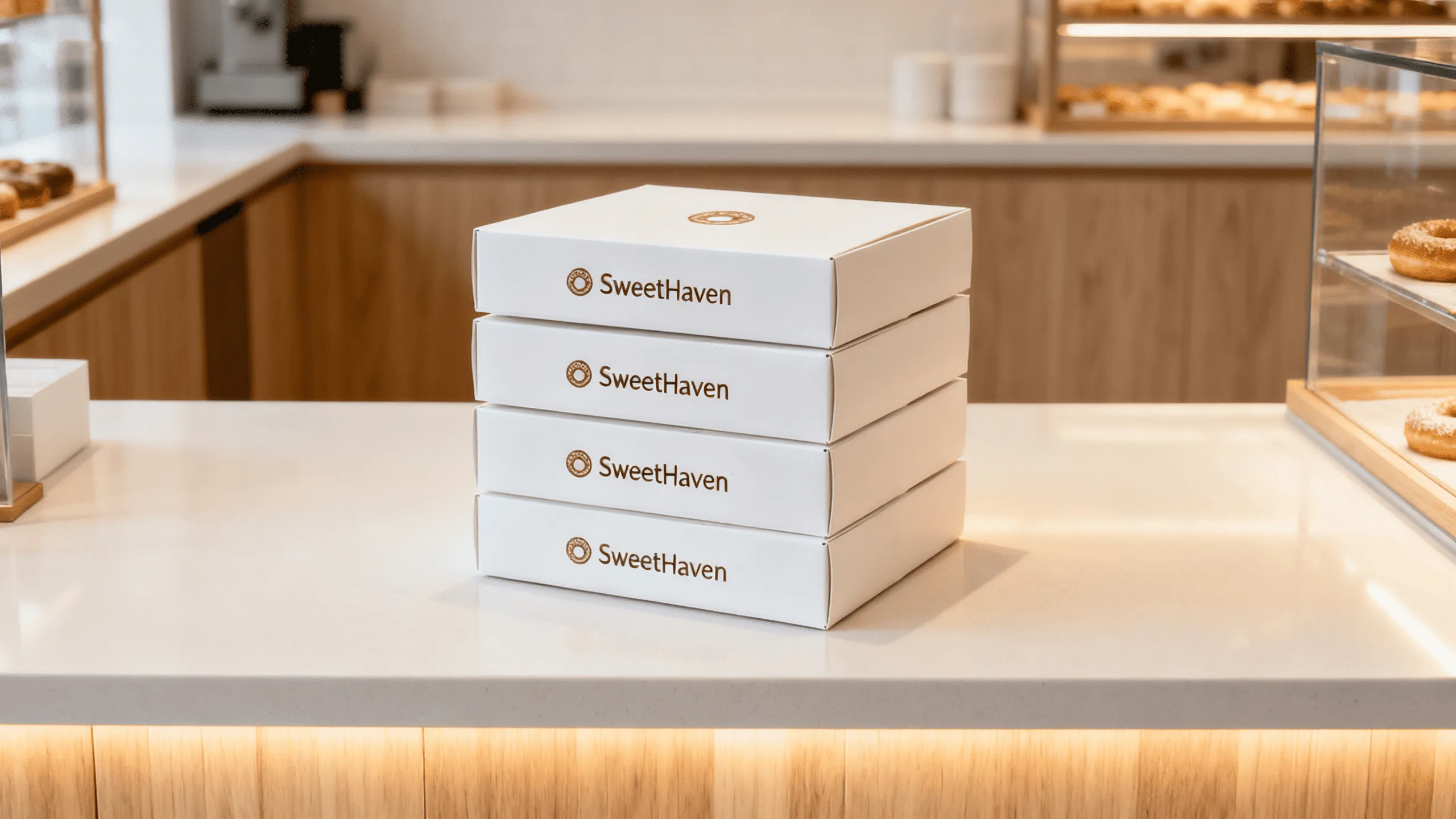A clean and modern bakery counter featuring a neat stack of branded donut boxes, ready for customers.