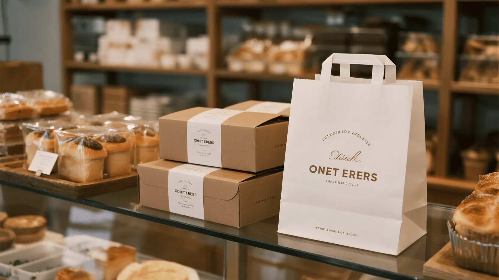 A beautiful display of branded bakery boxes and bags on the counter of a small, local bakery.