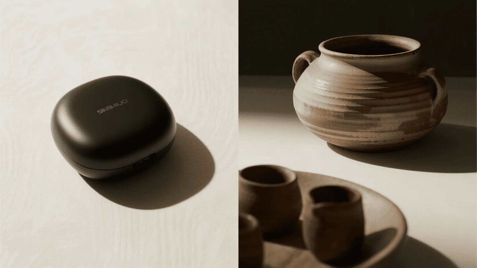 A split-screen image showing a sleek, modern tech gadget next to an earthy, handmade ceramic pot.