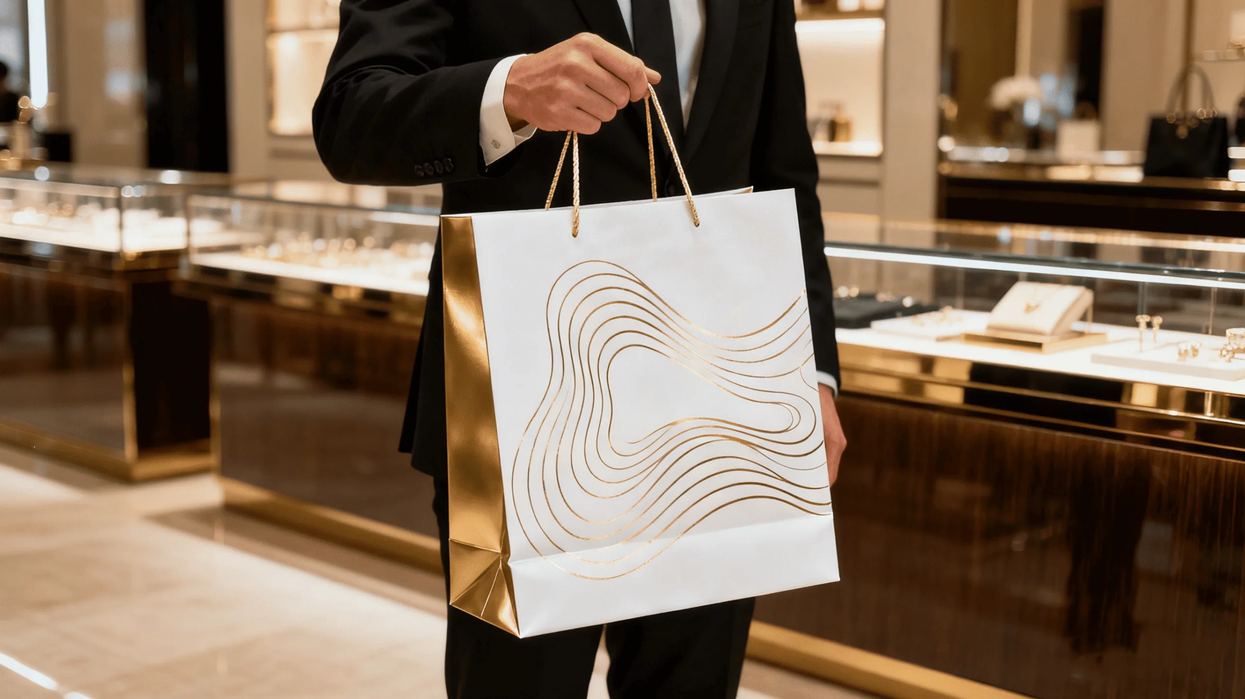 A person holding a beautifully designed, high-quality coated paper bag from a retail store.