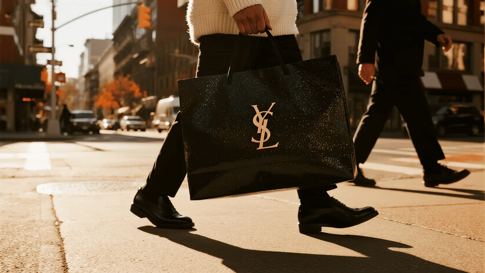 A stylish person walking down a city street, carrying a sophisticated black glitter paper bag with a distinct brand logo.