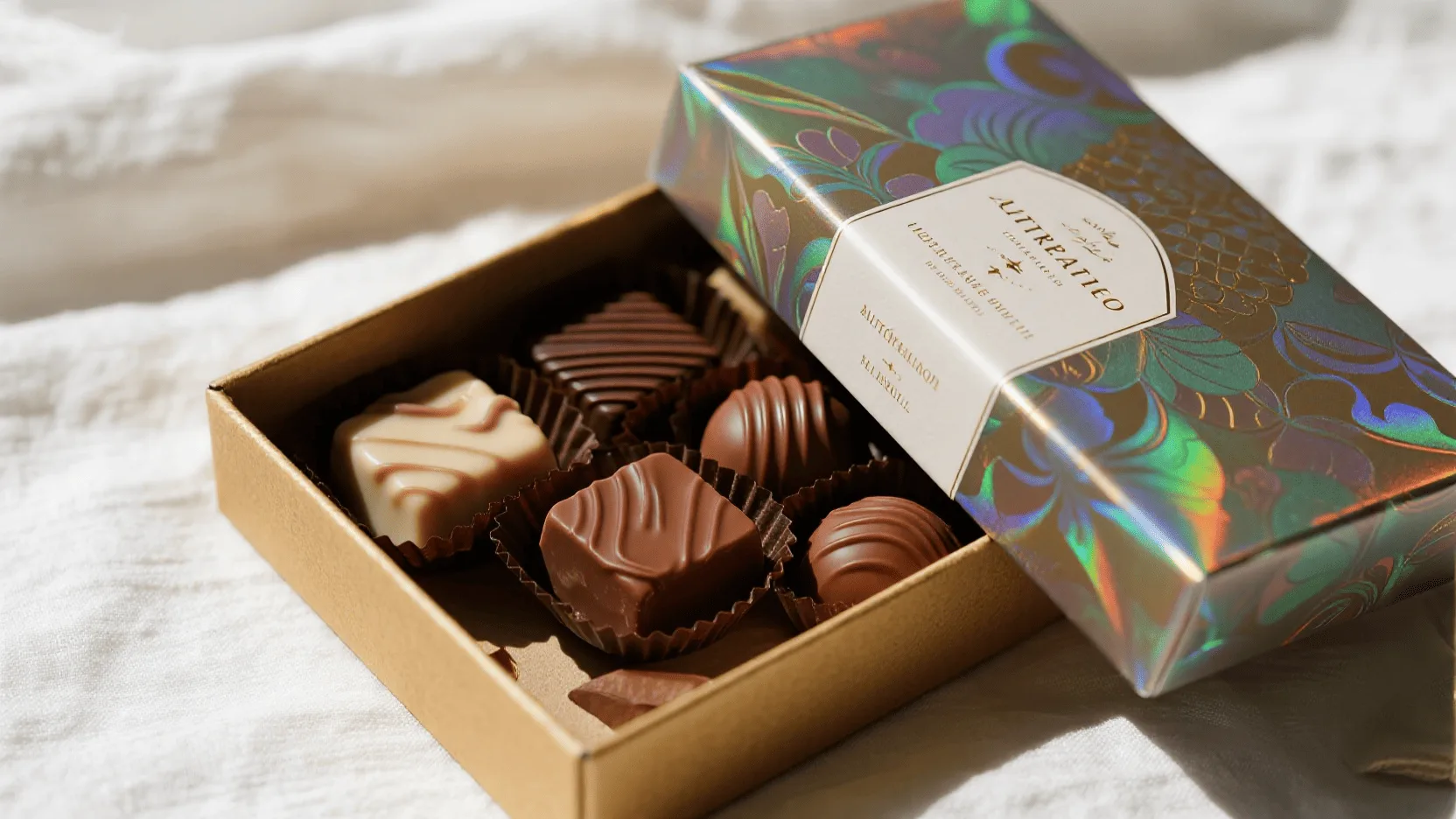 A box of artisanal chocolates with elegant holographic foil lettering that catches the light.