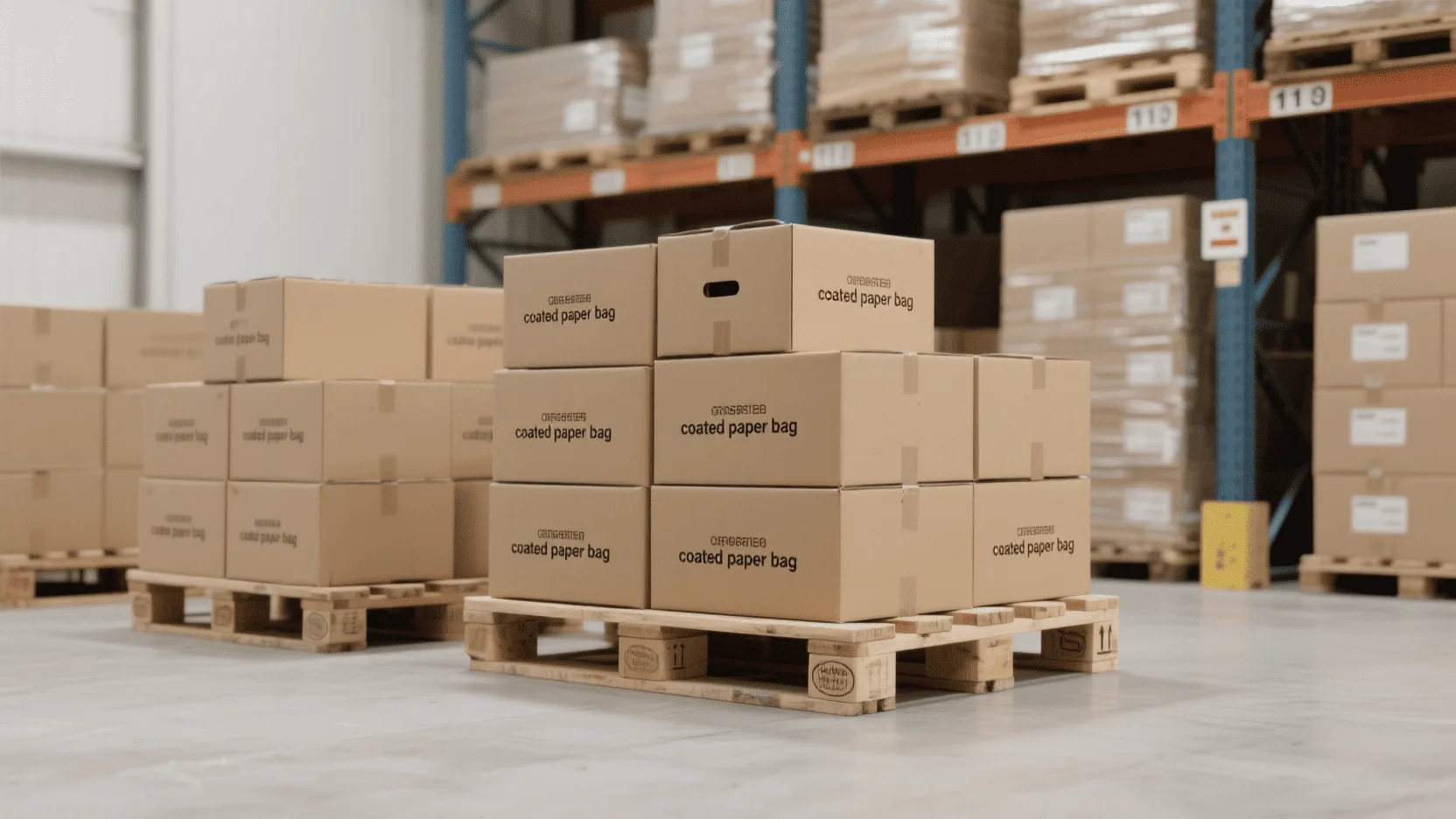 A warehouse aisle filled with stacked boxes of custom paper bags ready for shipping.