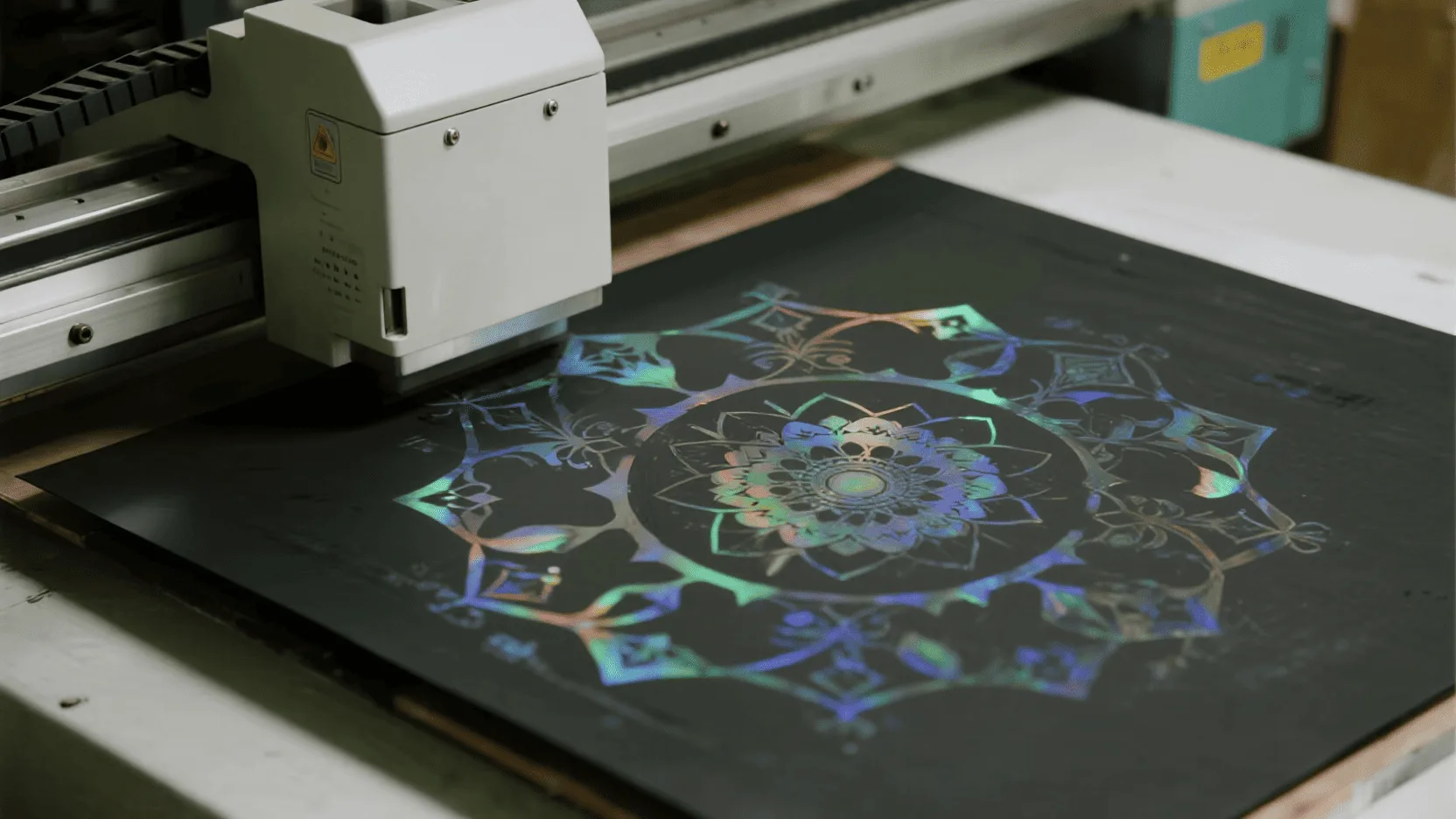 A close-up of a high-tech digital printing press applying a custom, intricate holographic pattern onto a sheet of black paper.
