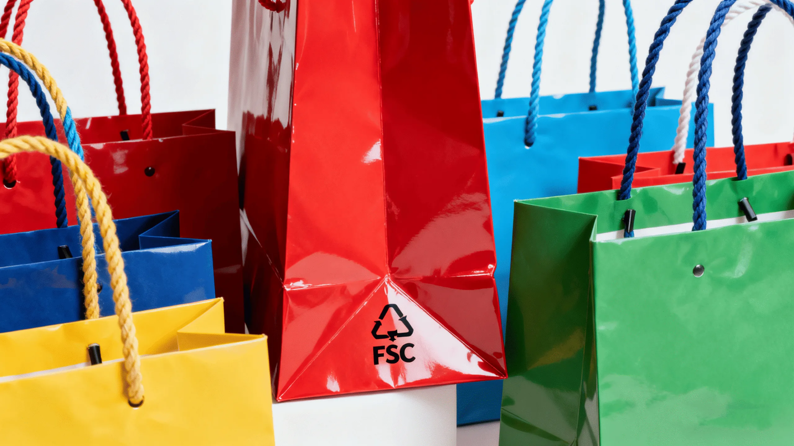 An FSC logo printed on the bottom of a high-quality paper bag, signifying responsible sourcing.