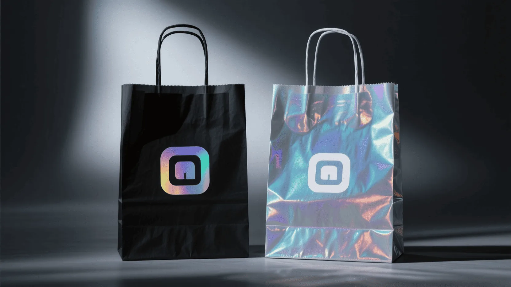 Two bags side-by-side: one is a matte black bag with a holographic logo, the other is a fully holographic bag with a simple white logo.