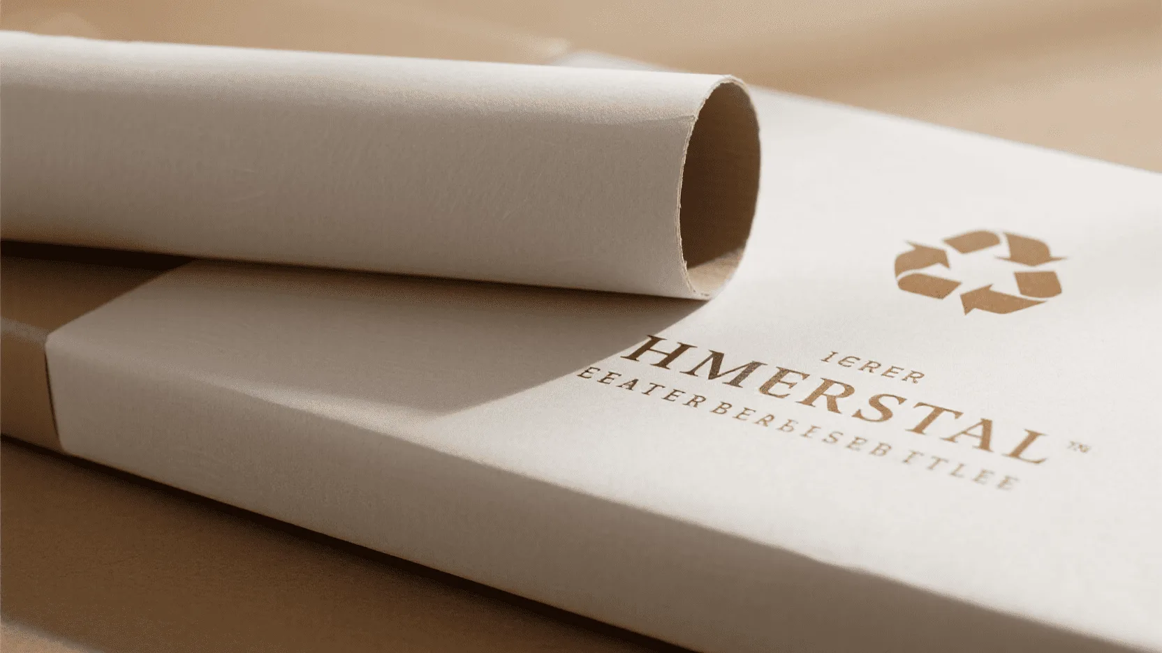 A recycling symbol subtly debossed onto a corner of a custom-printed white kraft paper sheet, signifying the brand's commitment to sustainability.
