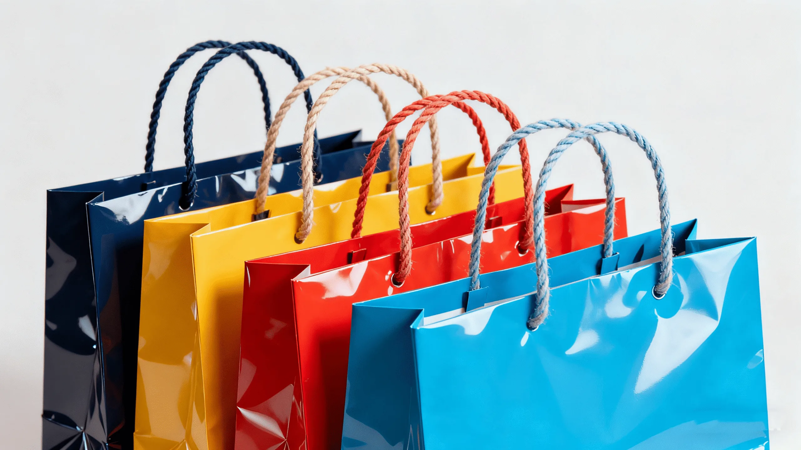 A stack of colorful, high-quality coated paper shopping bags with rope handles.