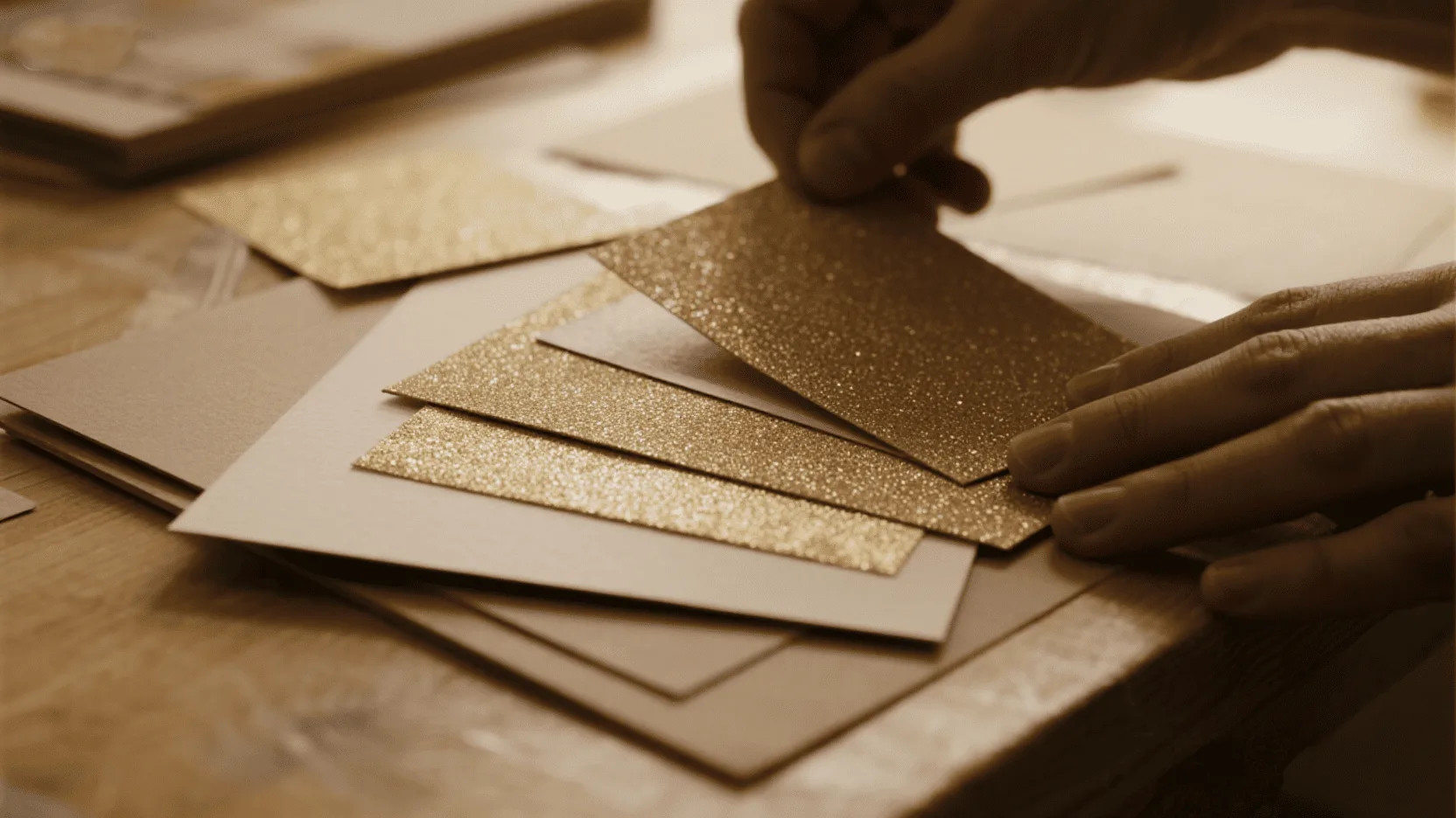 A close-up of a designer's hands arranging different samples of glitter paper with foil and embossing finishes on a workshop table.