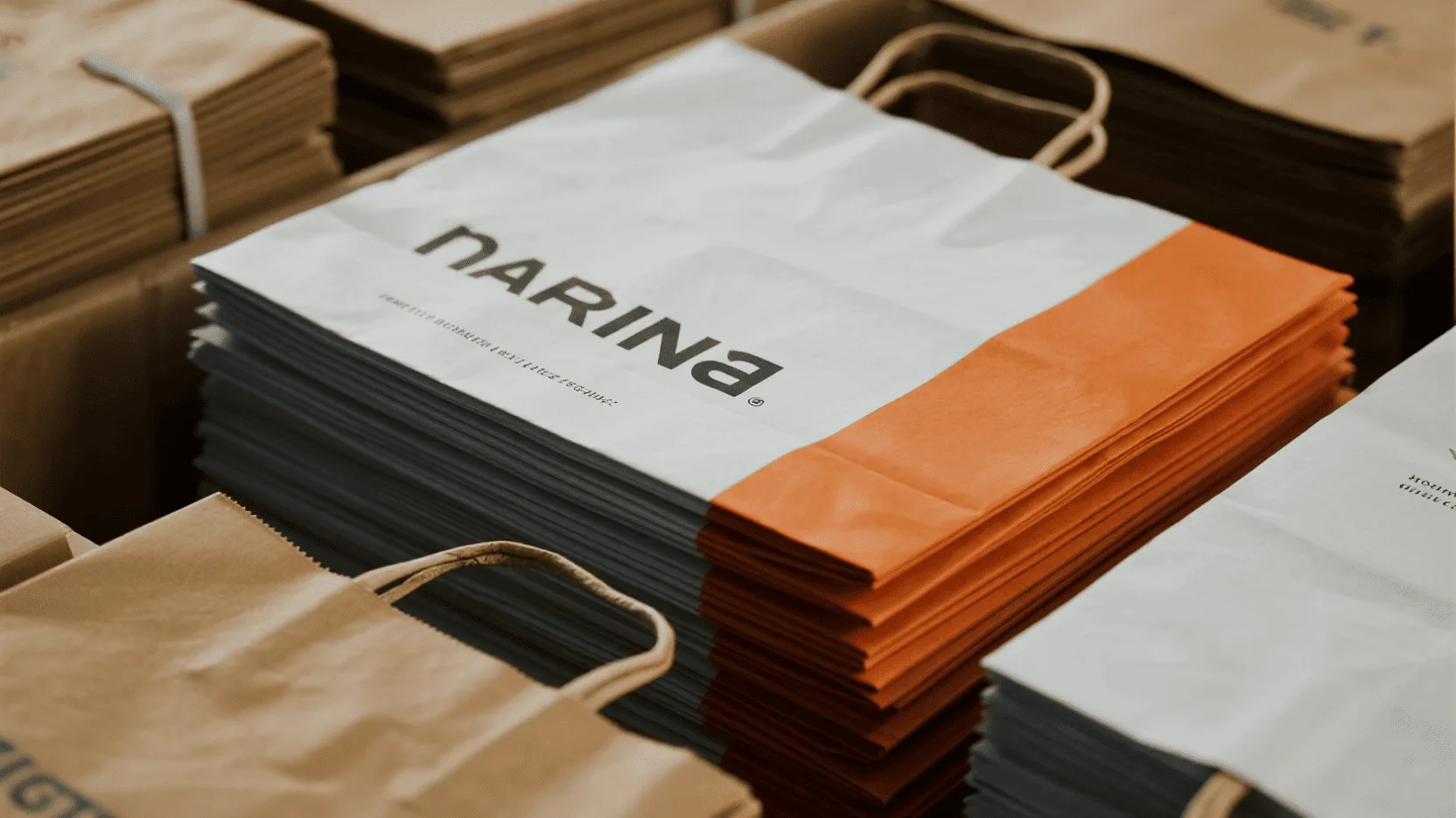 A neat stack of sturdy, high-quality shopping bags in a warehouse, ready for distribution without risk of tearing.