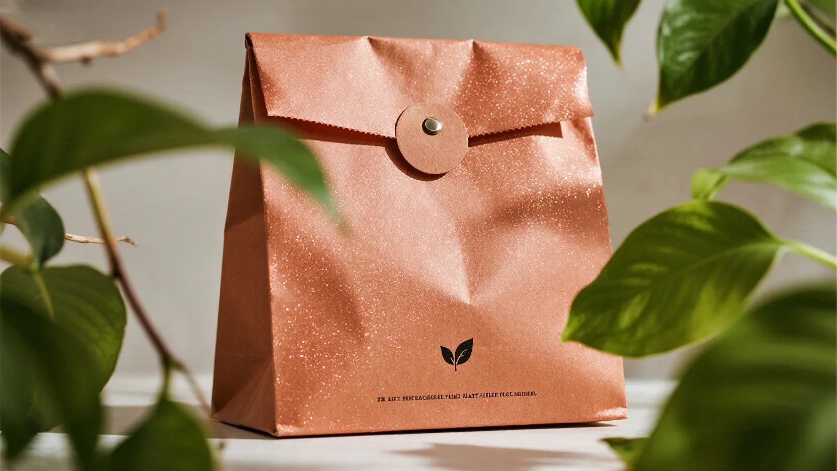 A small leaf symbol printed on the bottom of a glitter bag, indicating the use of biodegradable, plant-based glitter.