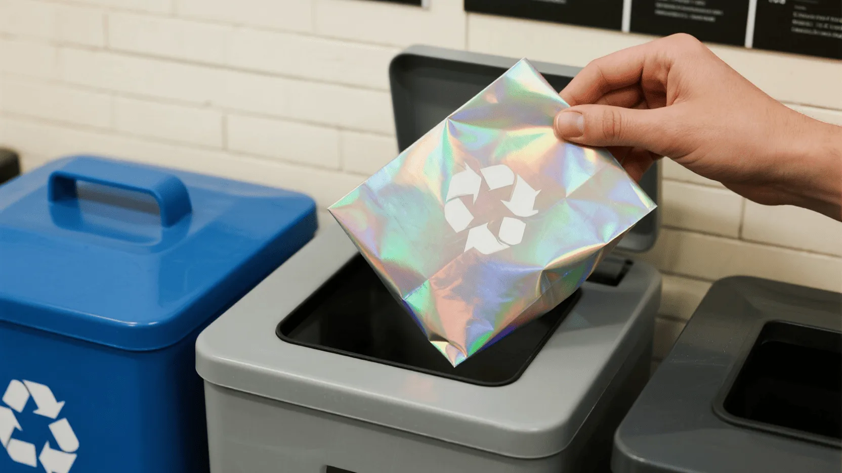 A close-up shot of a hand placing a recyclable holographic paper bag into a paper recycling bin.