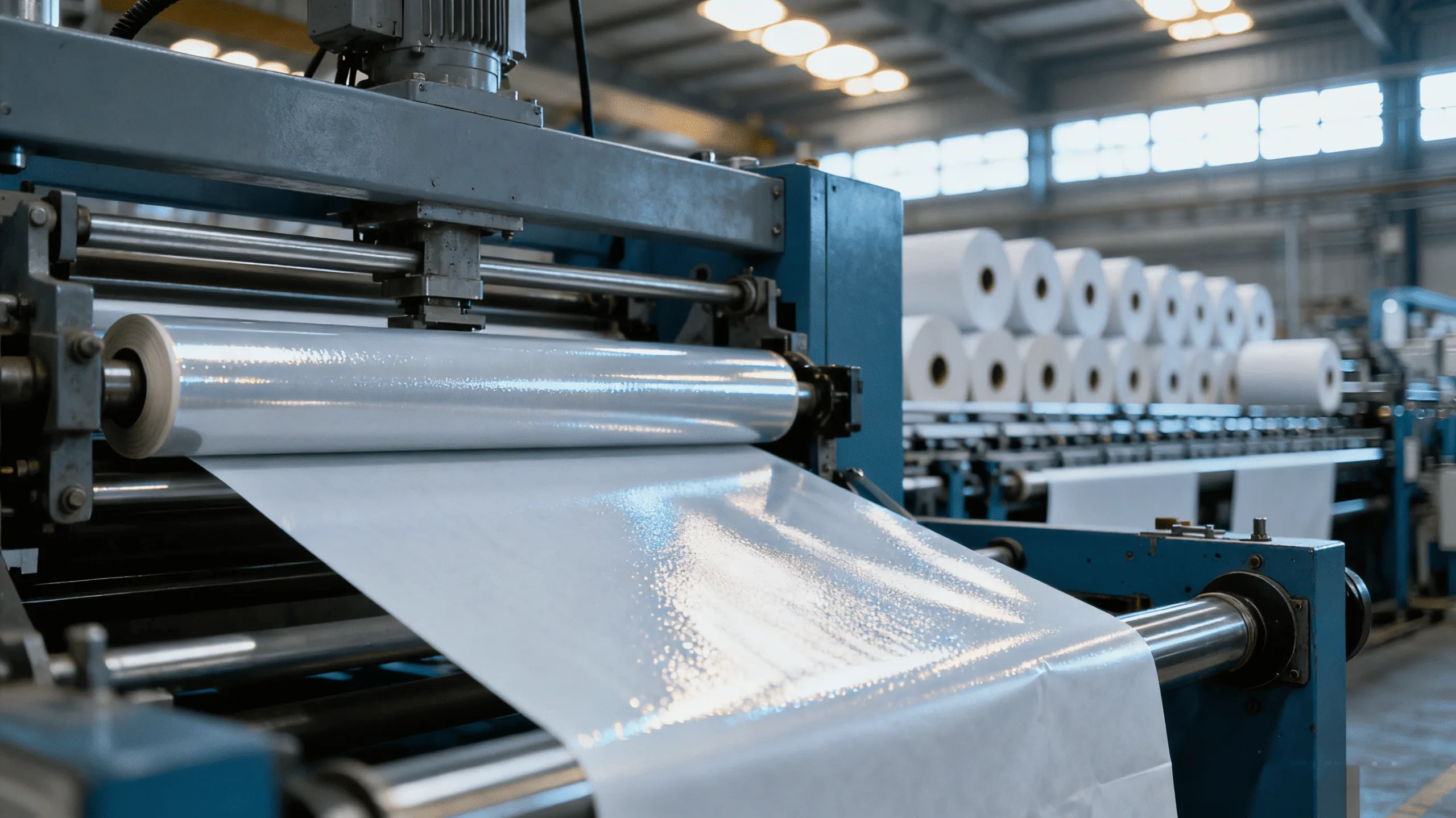 A machine applying a gloss lamination film to a sheet of printed paper bags in a factory.