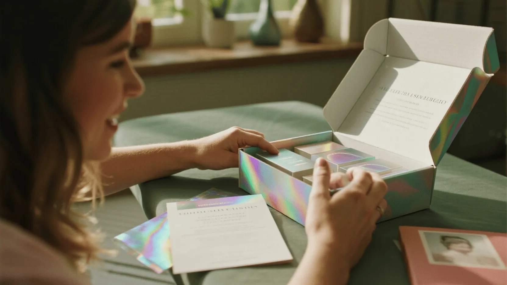 A person excitedly opening a subscription box that has a holographic interior design, creating a wow-moment.