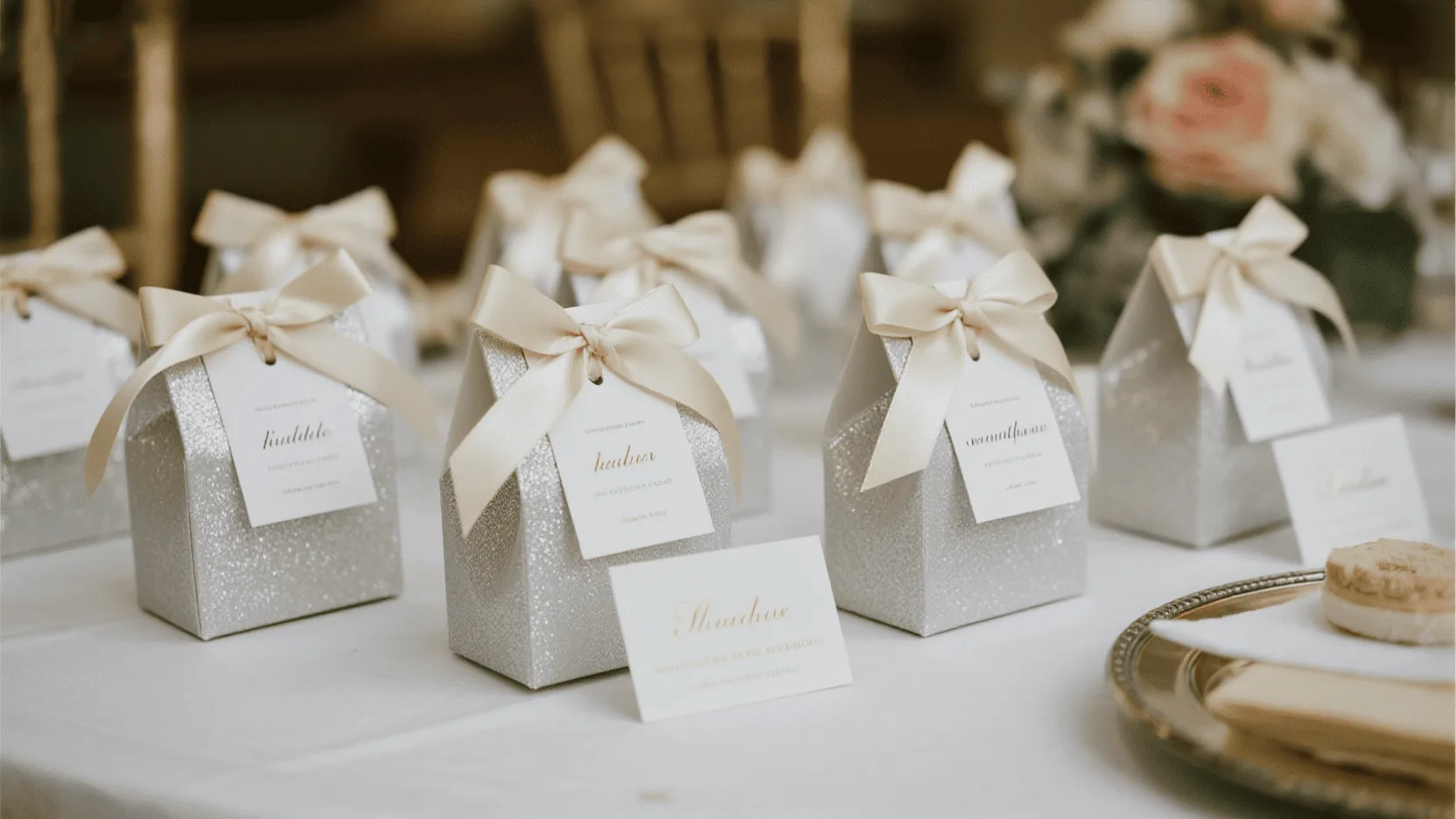 A beautifully arranged table of wedding favors, each in a small, elegant white glitter paper bag tied with a silk ribbon.