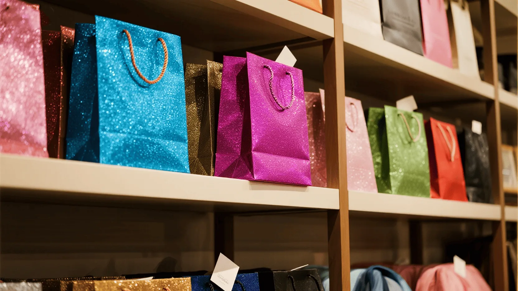 A vibrant display of different colored glitter paper bags on retail shelves, catching the light.