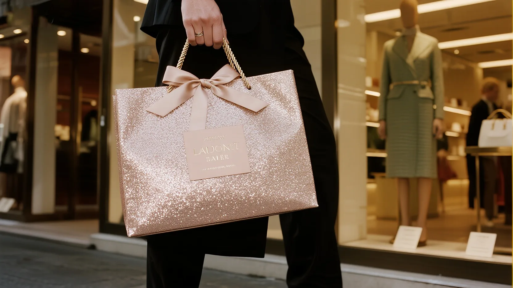 A stunning, high-end glitter paper bag with elegant ribbon handles, held by a well-dressed person outside a luxury boutique.