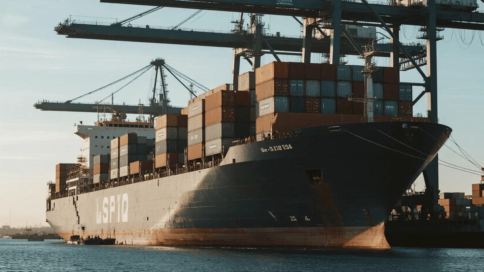 A large container ship being loaded with cargo containers at a busy port.